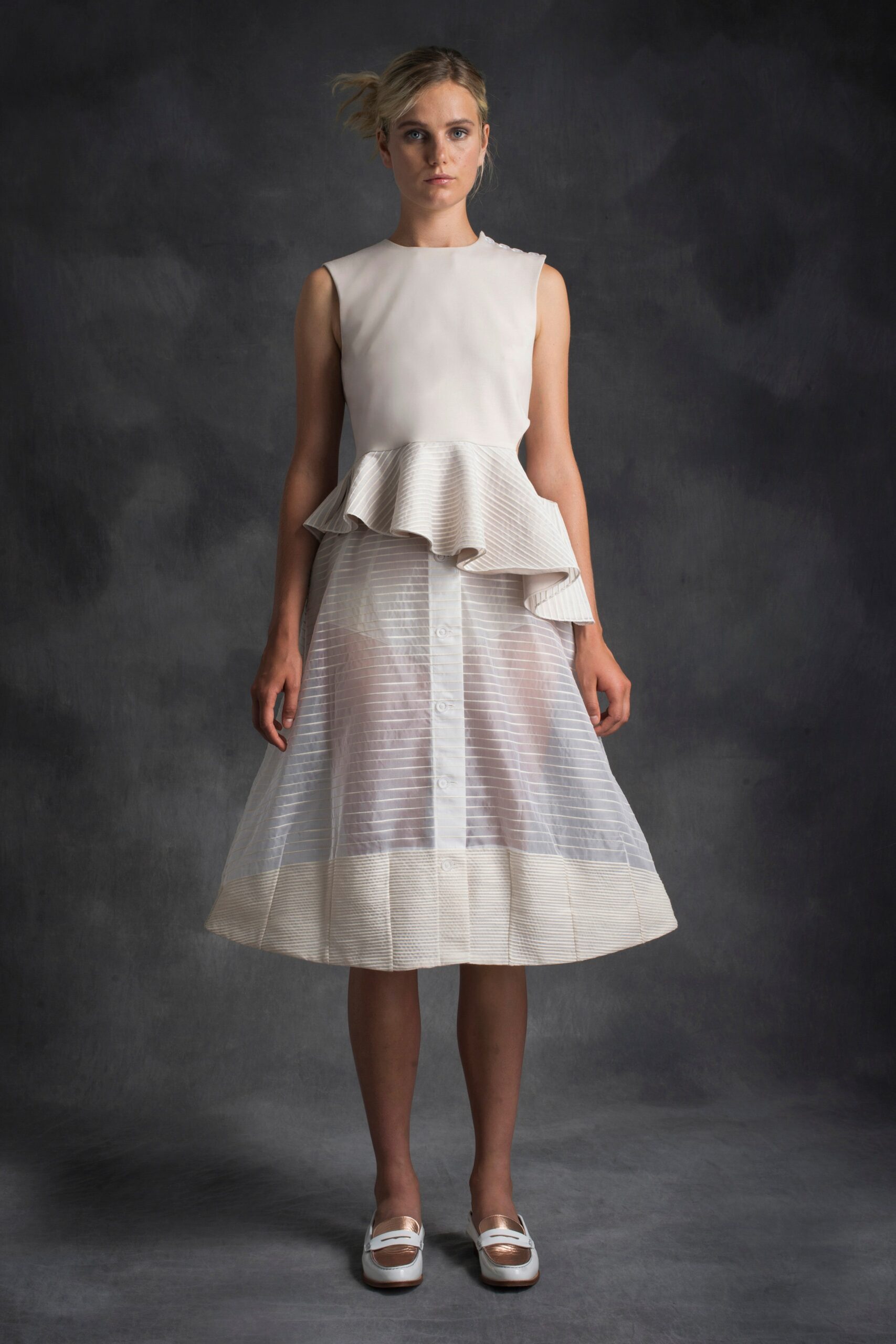 white pleated midi dress