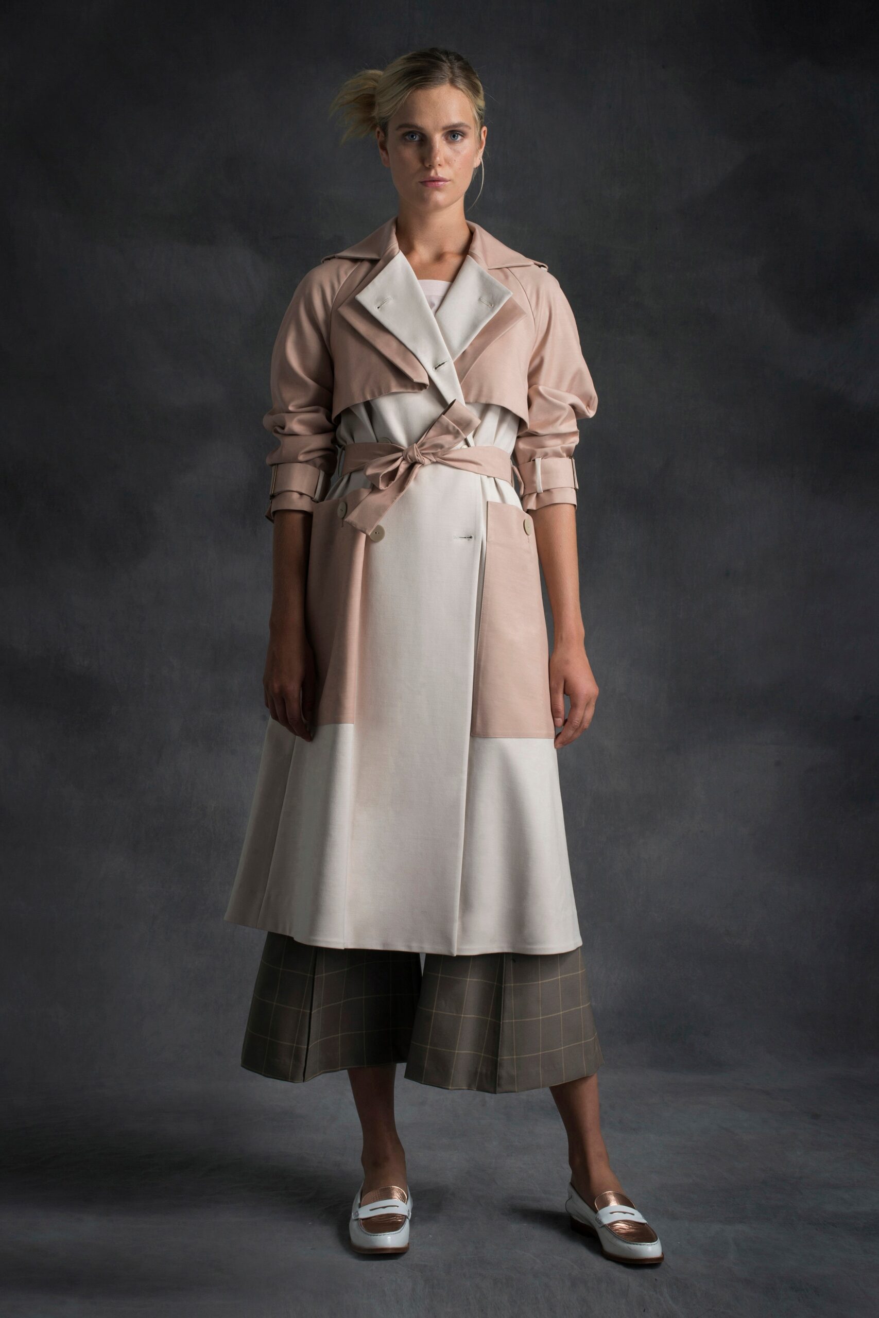 pink and white trench coat with wide-leg pants