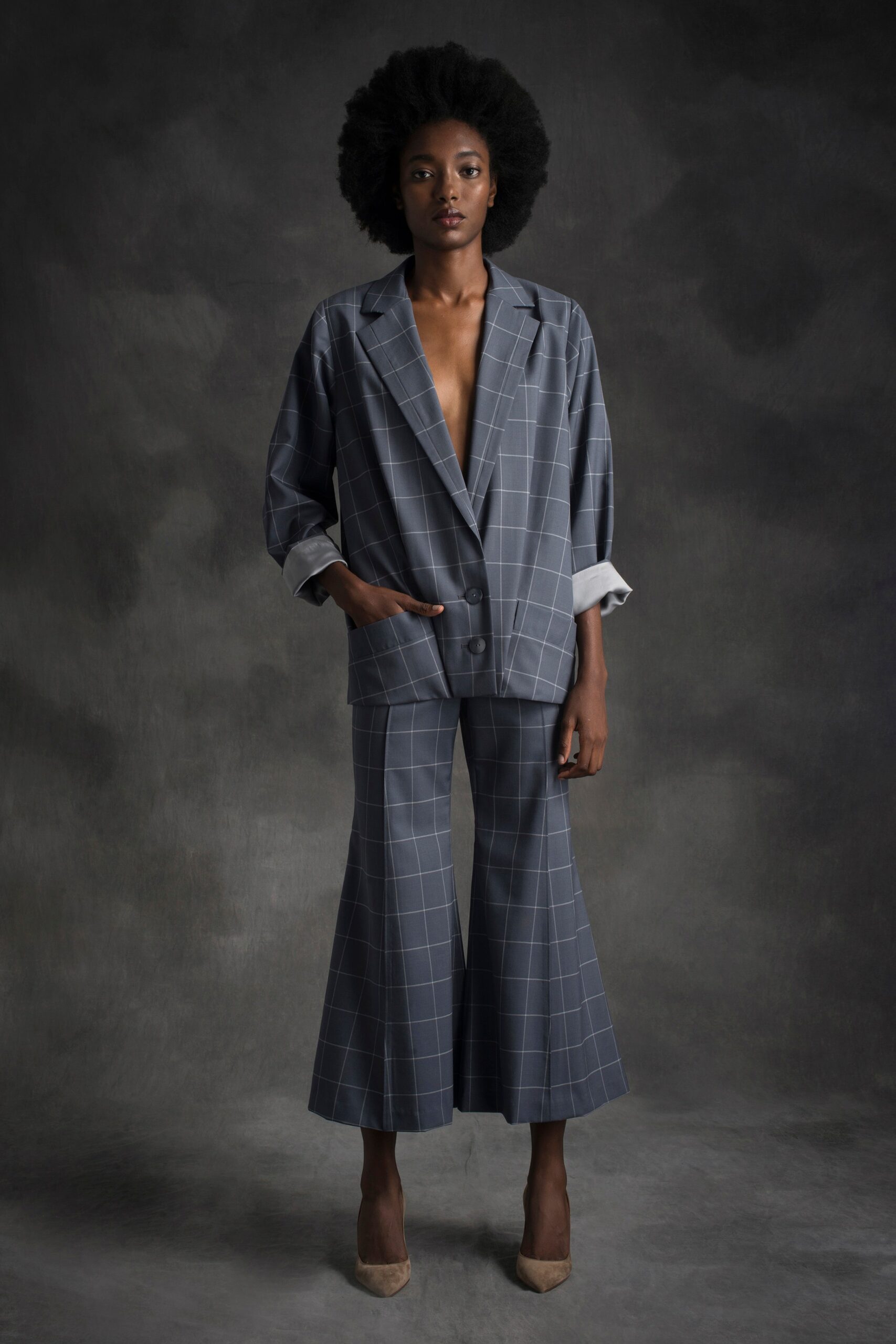 gray checked blazer and flared pants