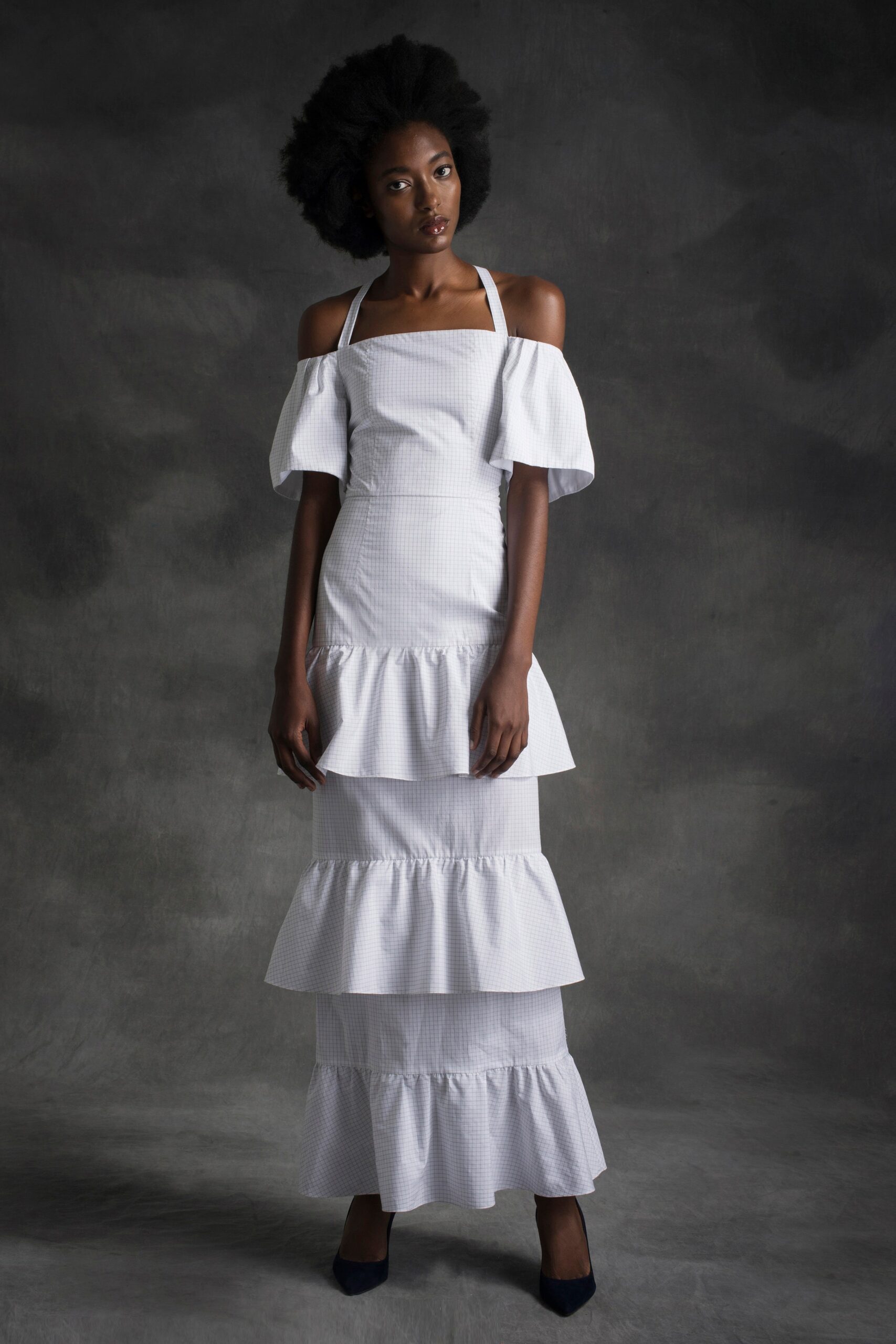 white off-shoulder tiered dress