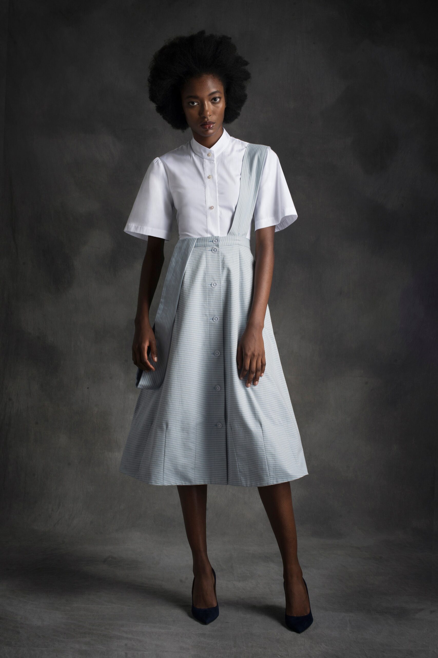 white and blue collared midi dress