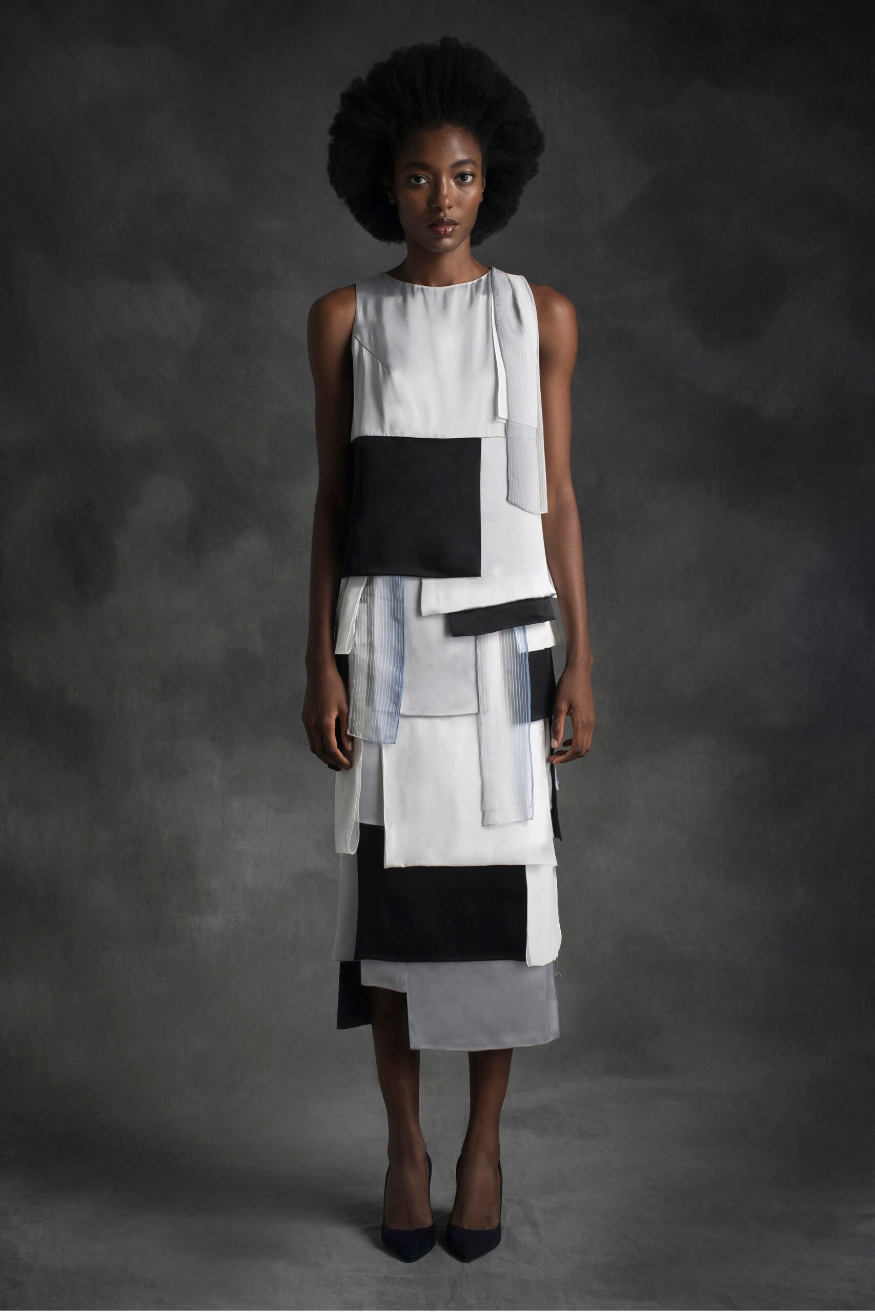 layered black and white midi dress