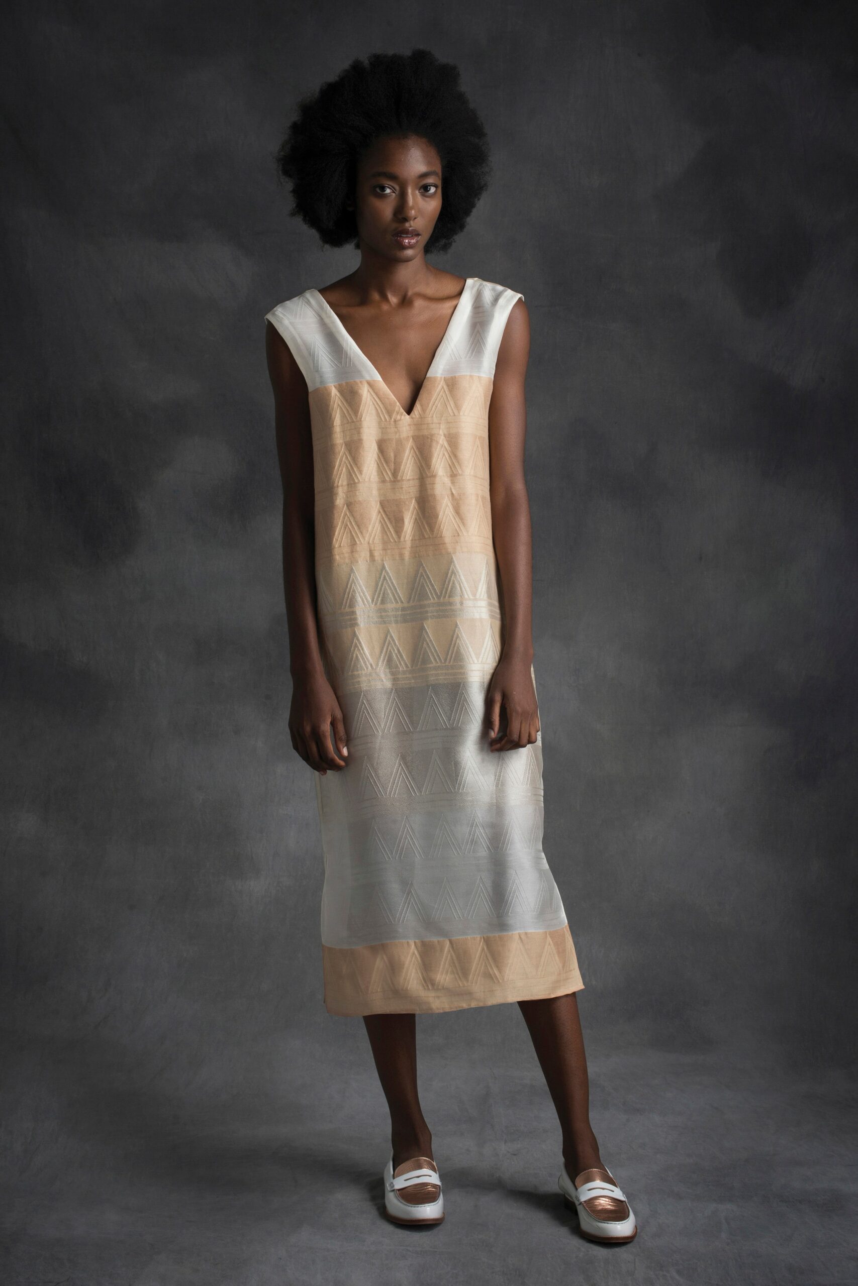 beige and white pleated dress