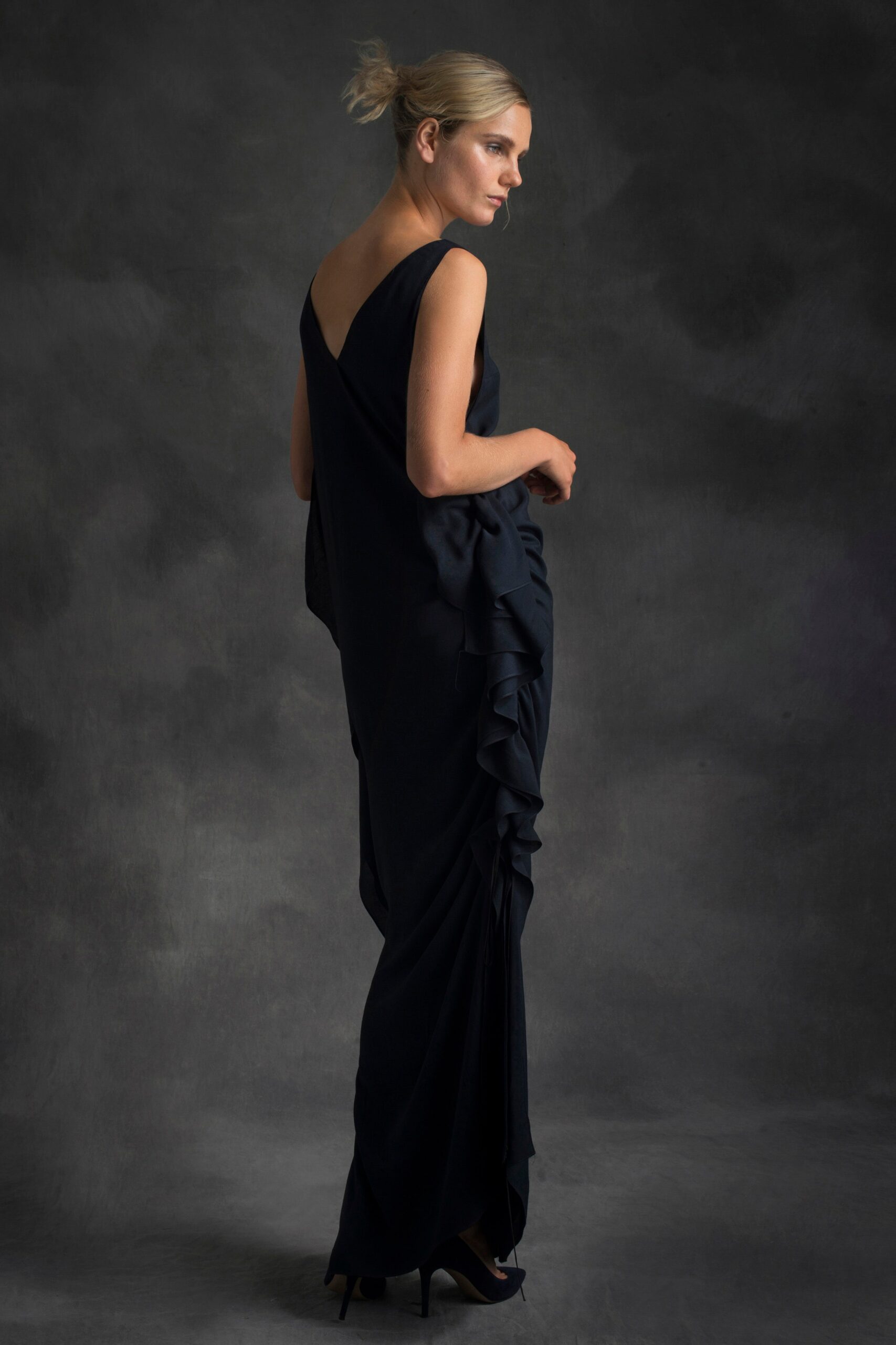 black silk sleeveless gown