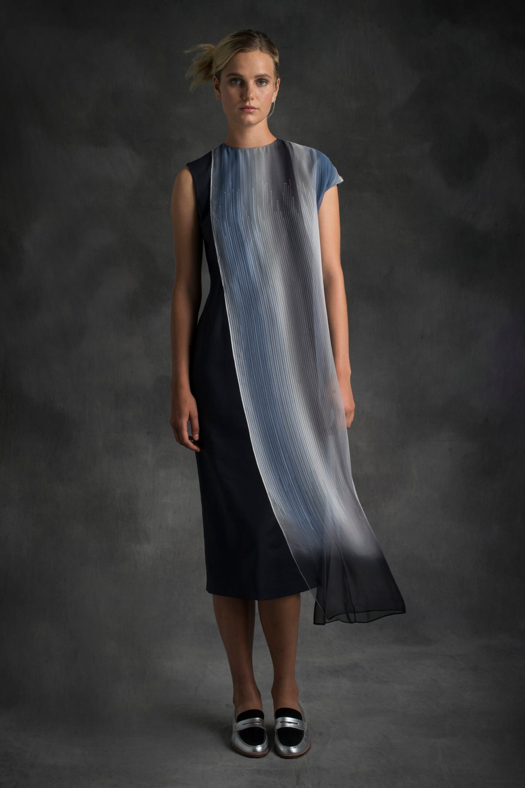 black and blue pleated dress