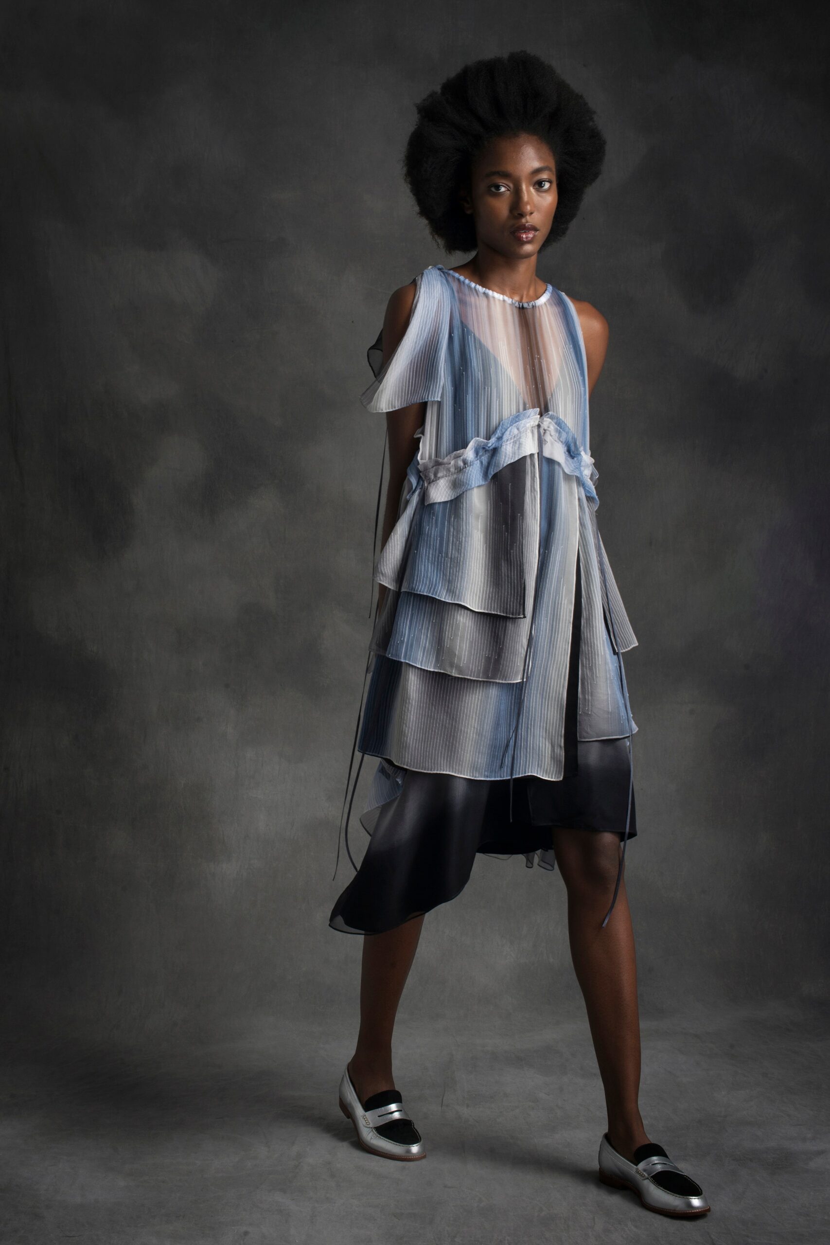 blue and white layered silk dress