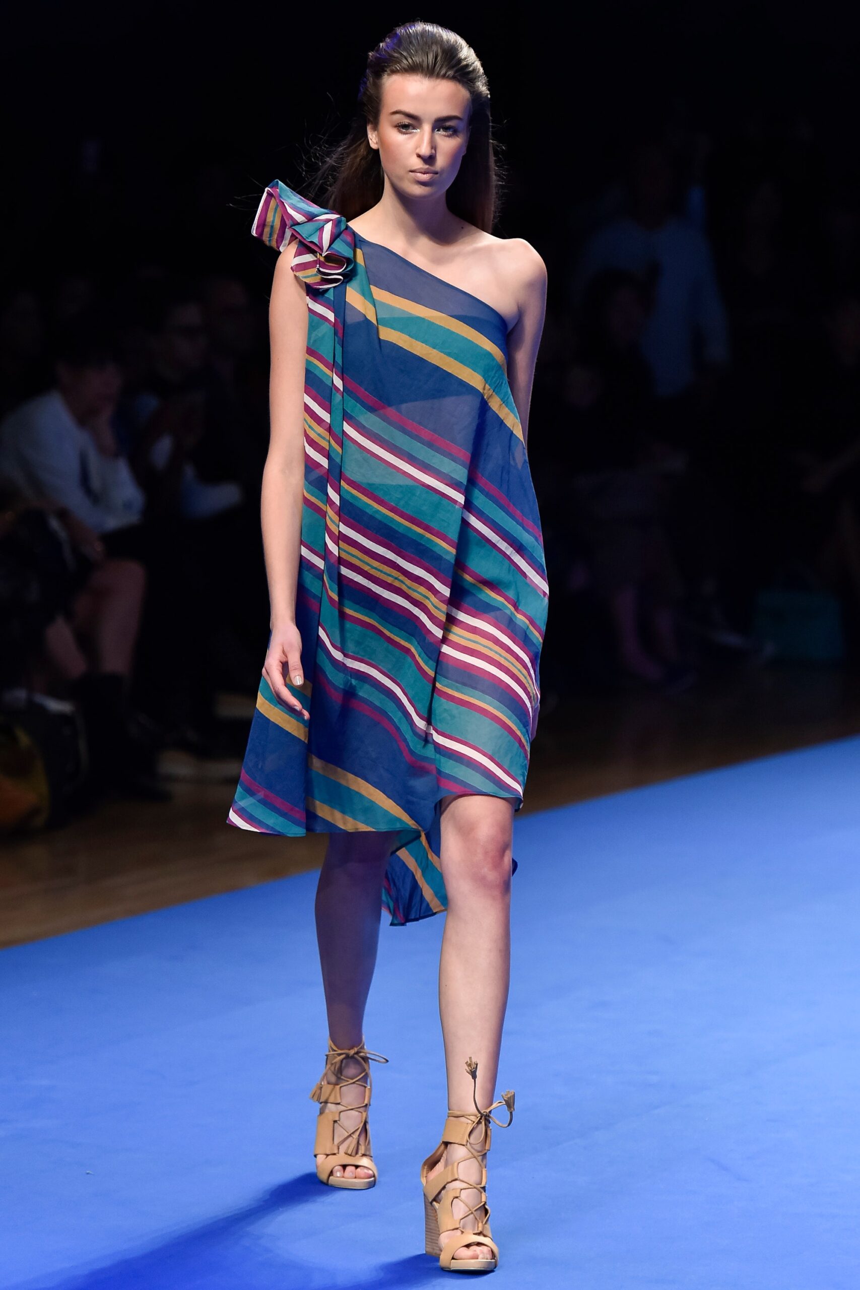 striped mini dress with lace-up shoes