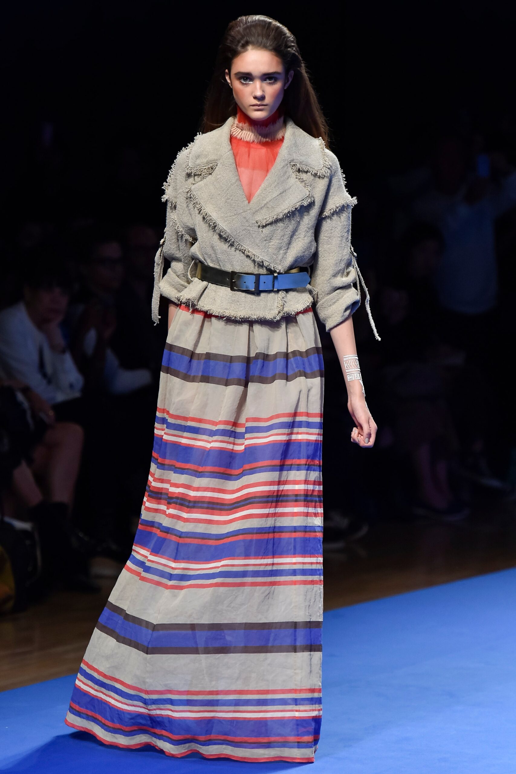 gray coat with striped maxi skirt