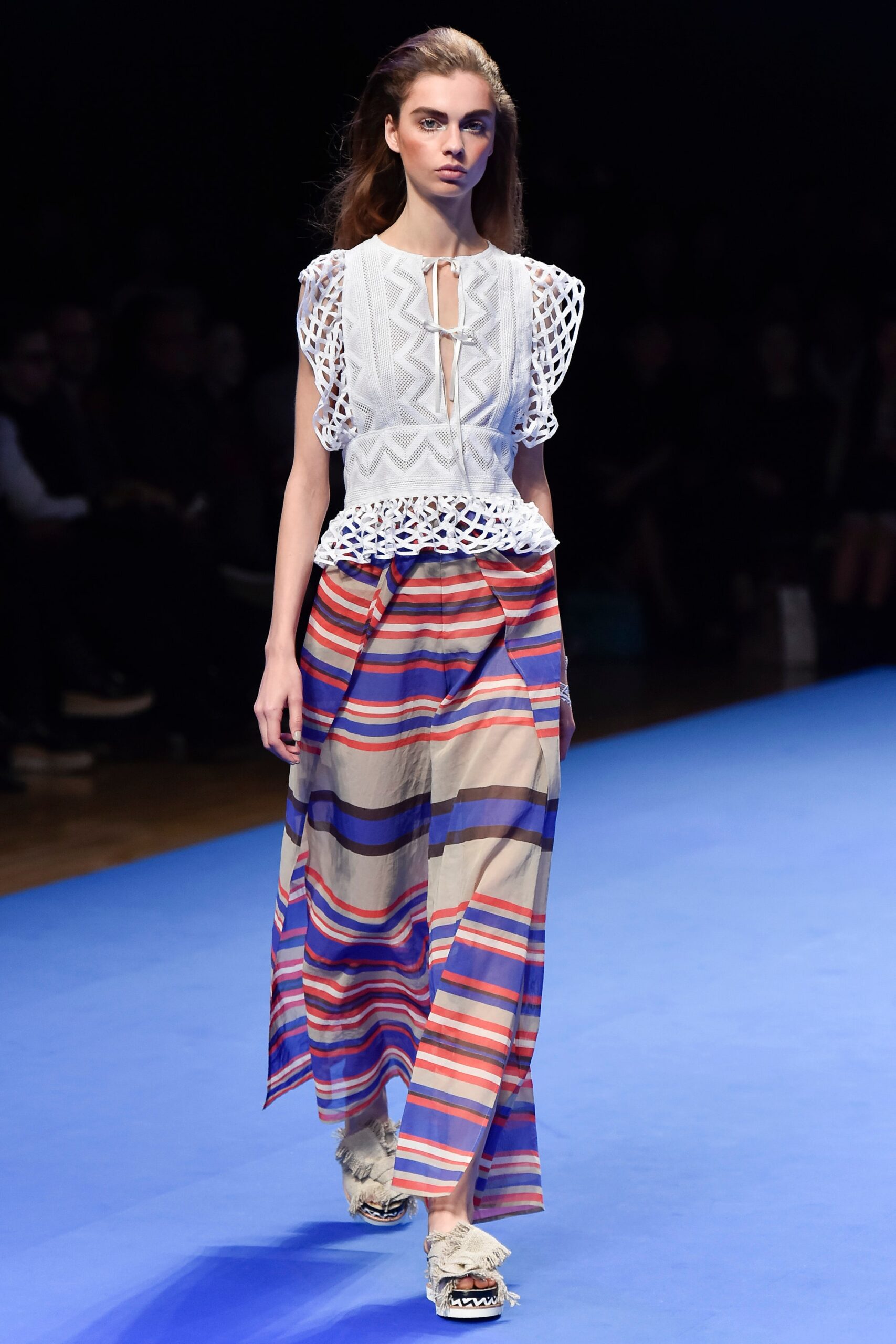embroidered white top with striped maxi skirt