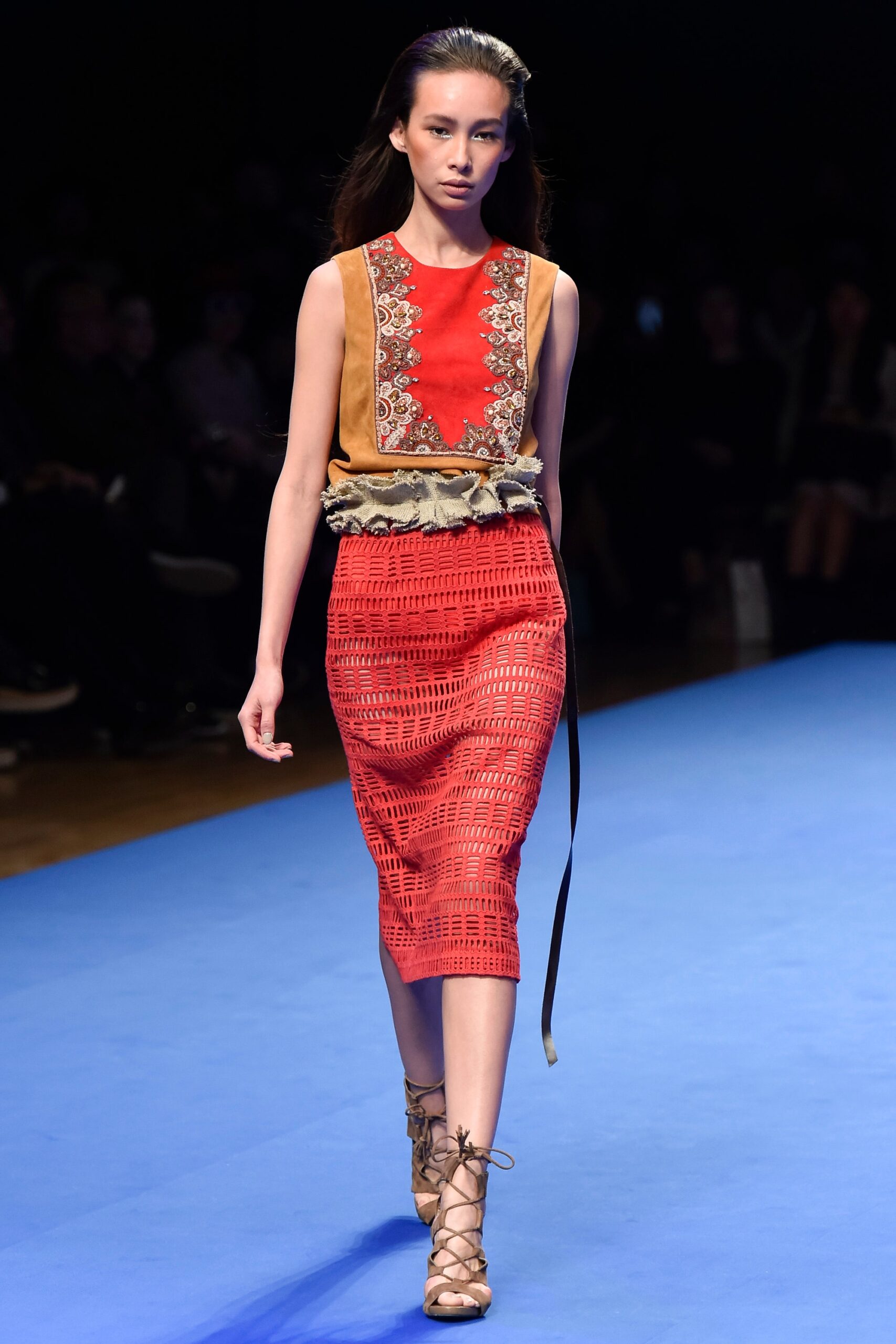 red embroidered top with pencil skirt