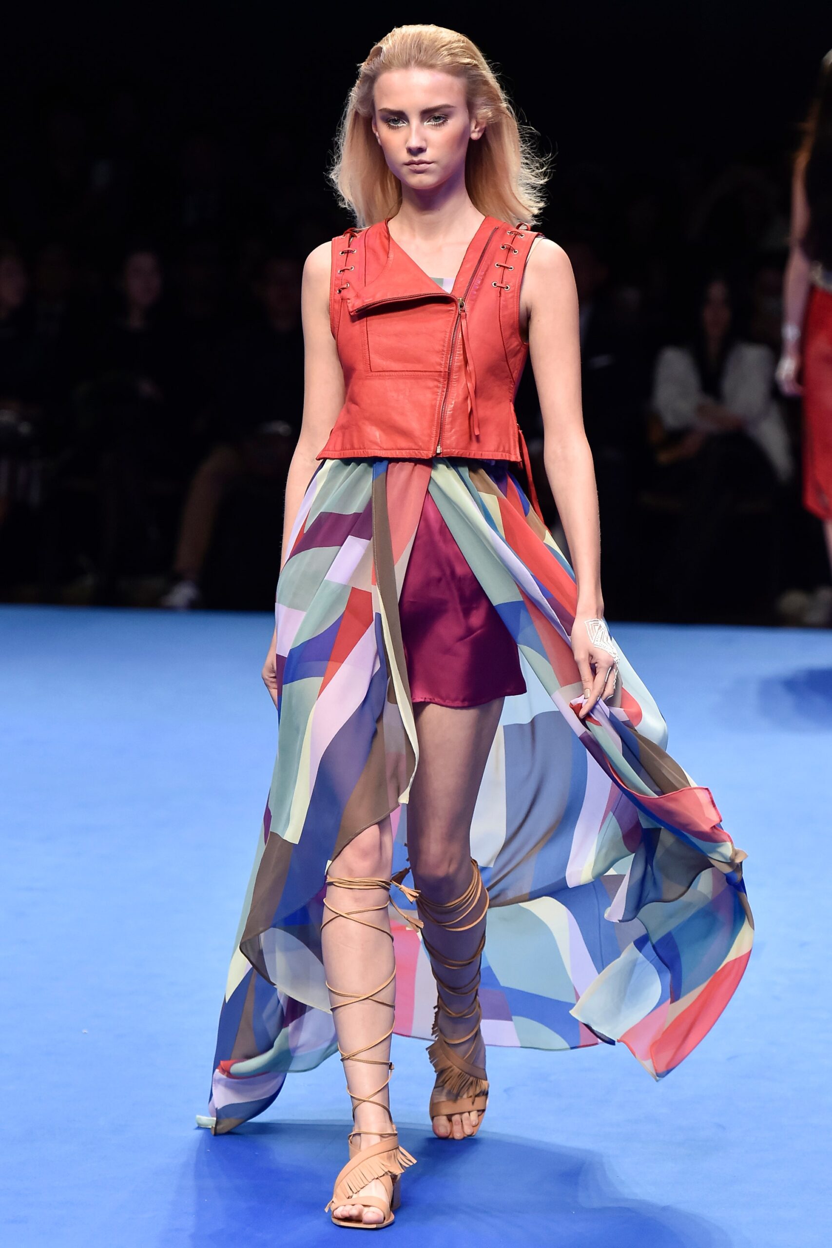 red leather top with multi-layered dress