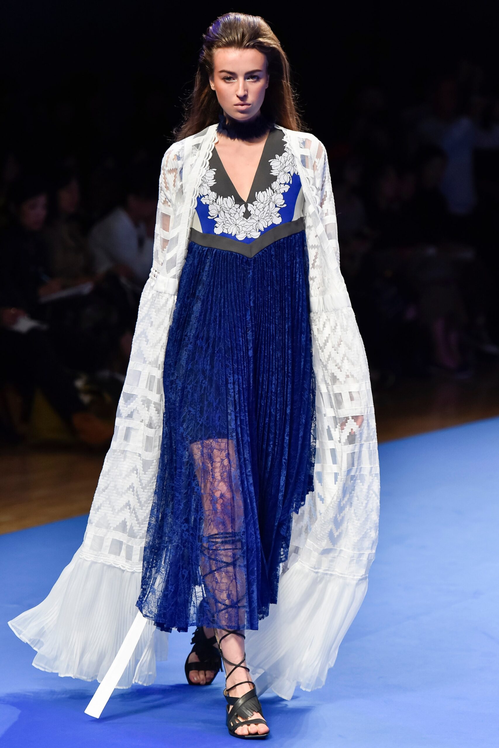 blue and white embroidered maxi dress with lace coat