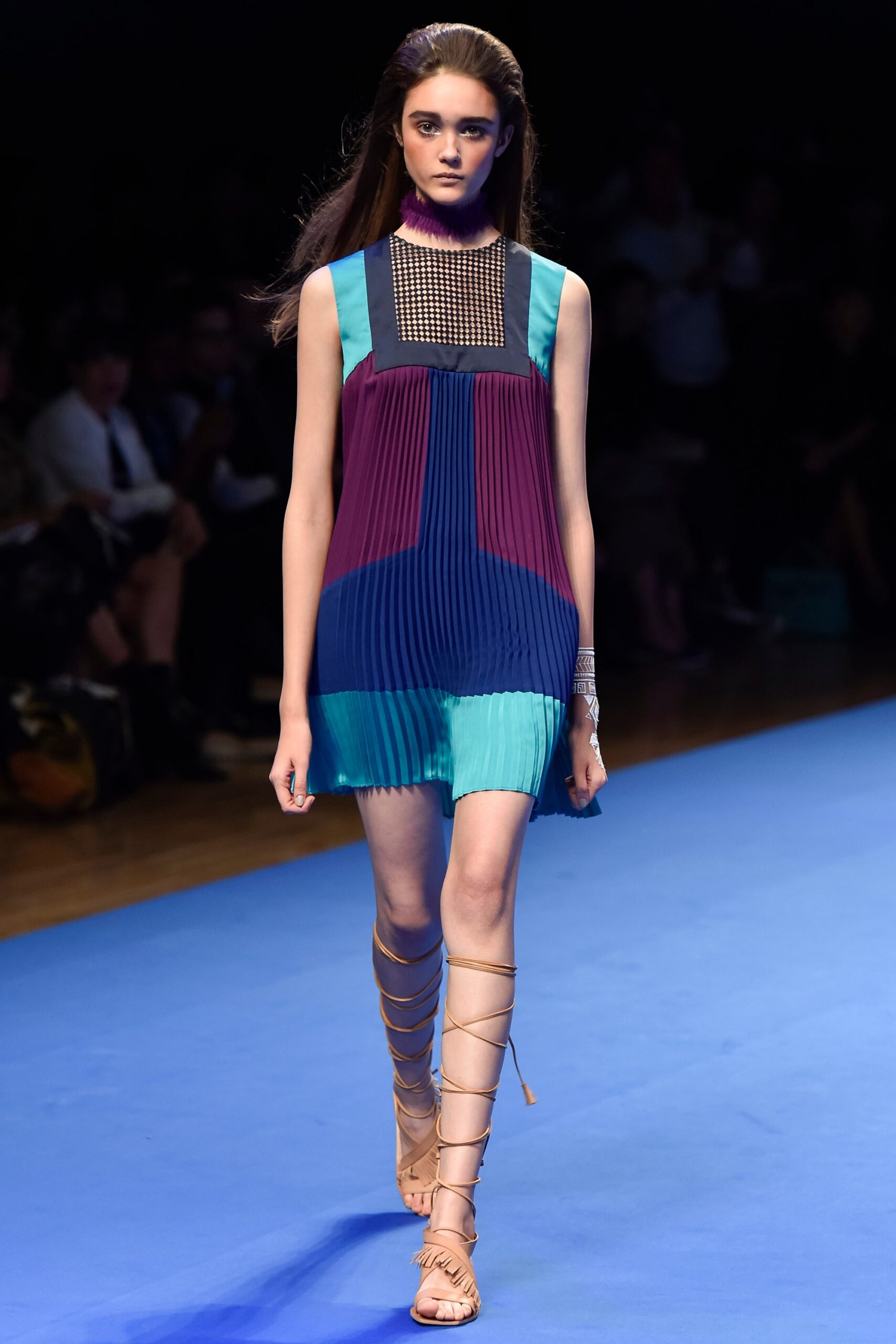 color-blocked pleated mini dress