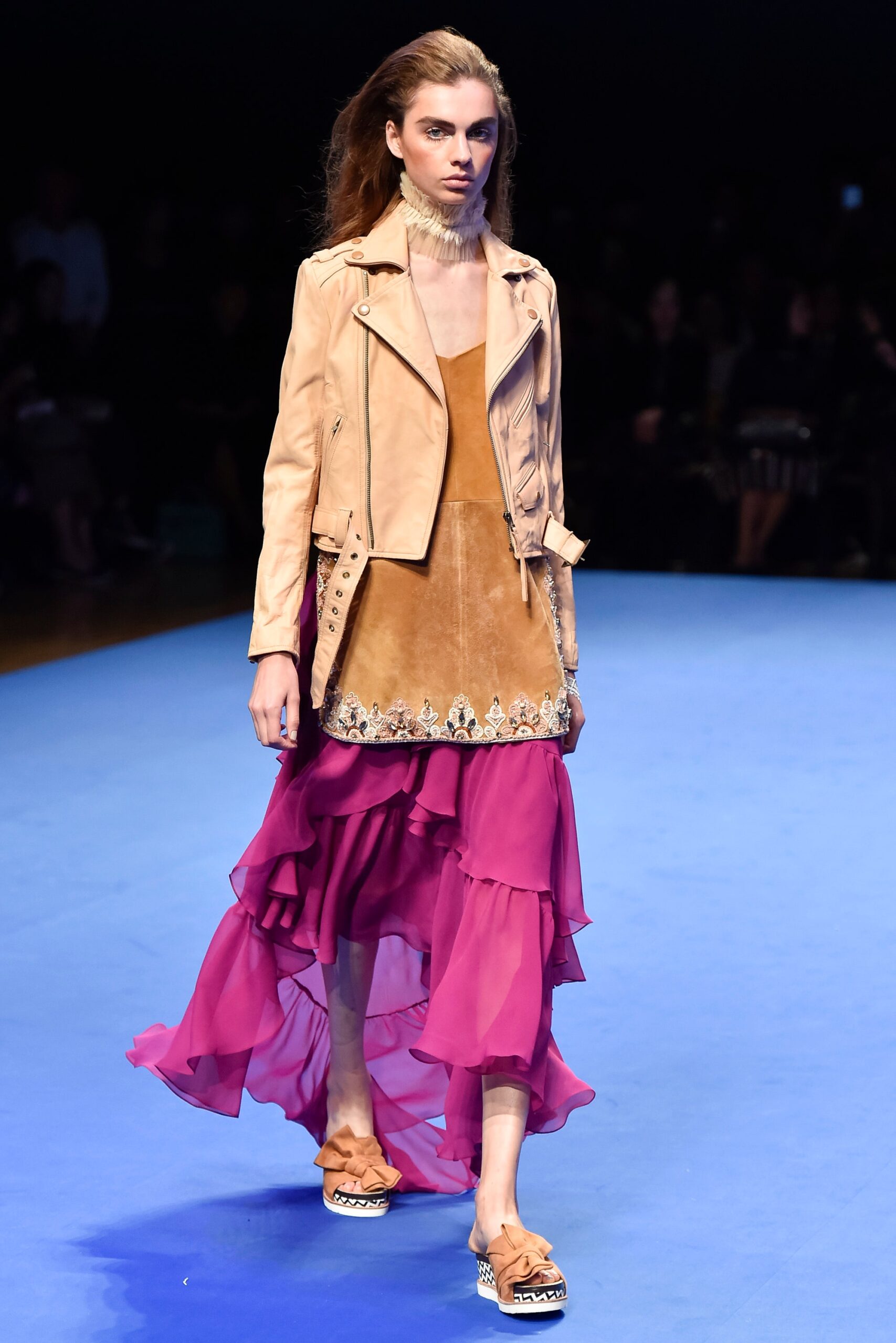 beige leather jacket and brown pink dress