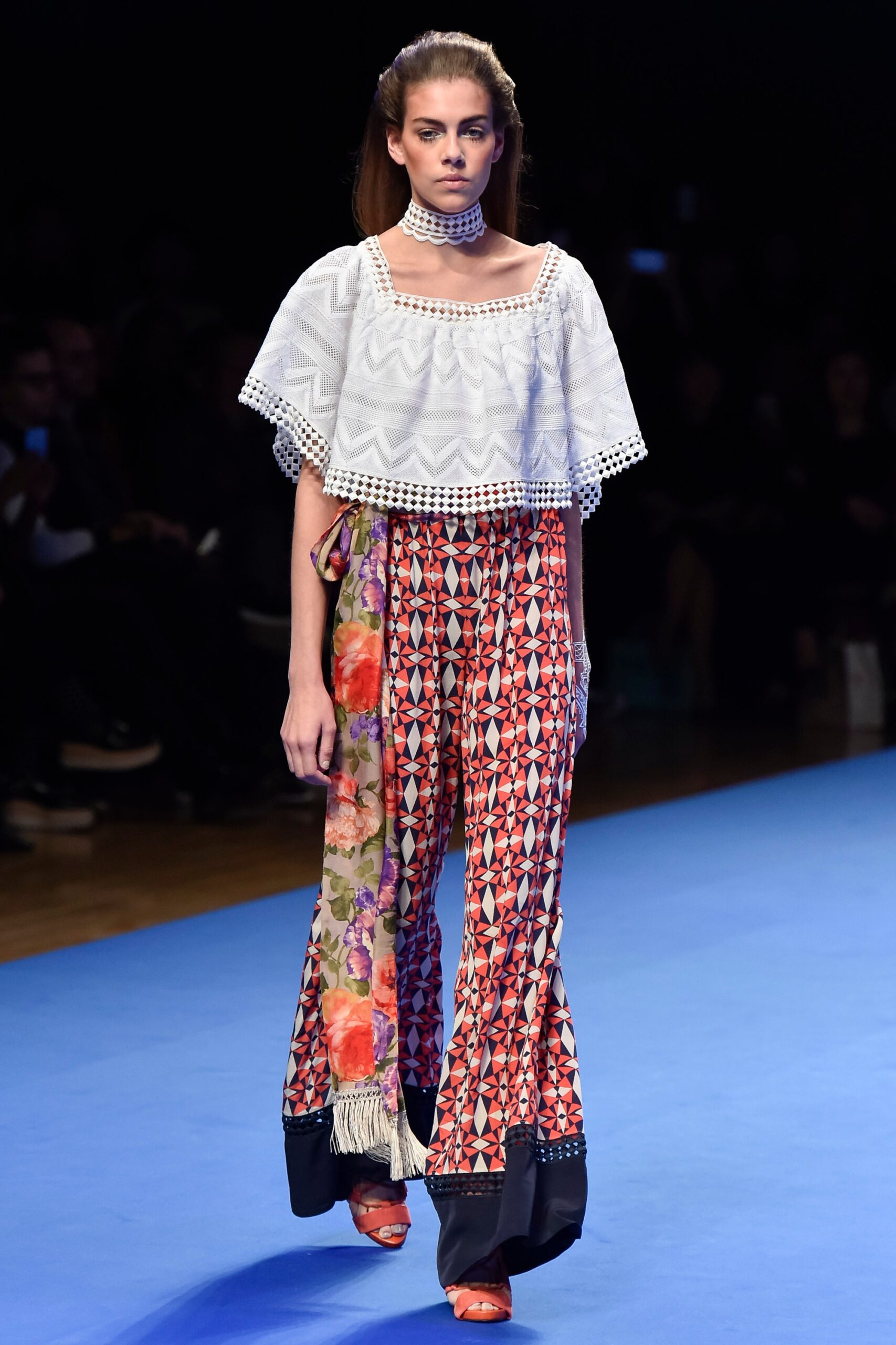 white embroidered top with multi pants