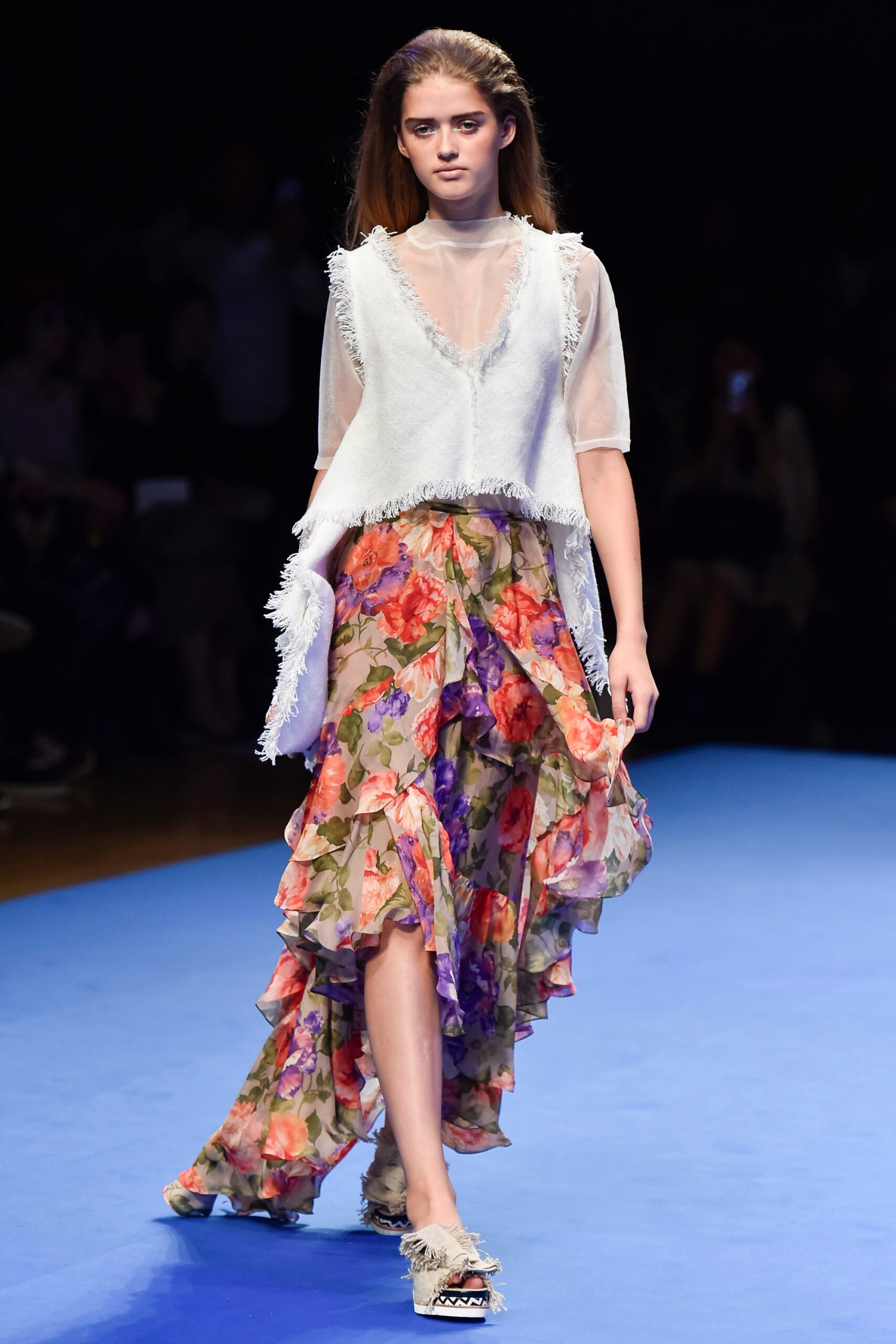 white relaxed top with floral skirt