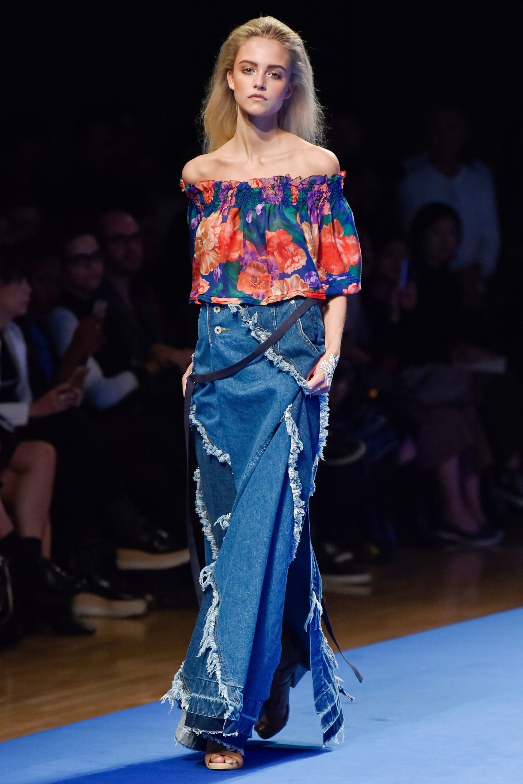floral off-shoulder top with denim skirt
