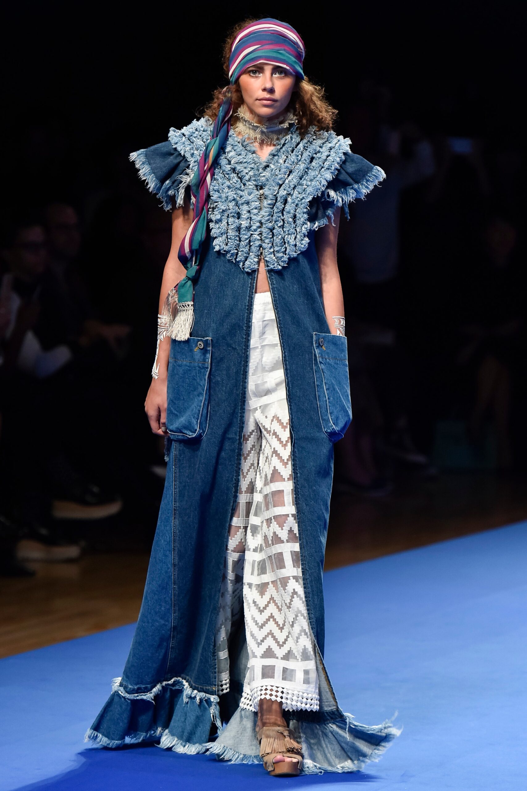 blue denim maxi dress with lace top