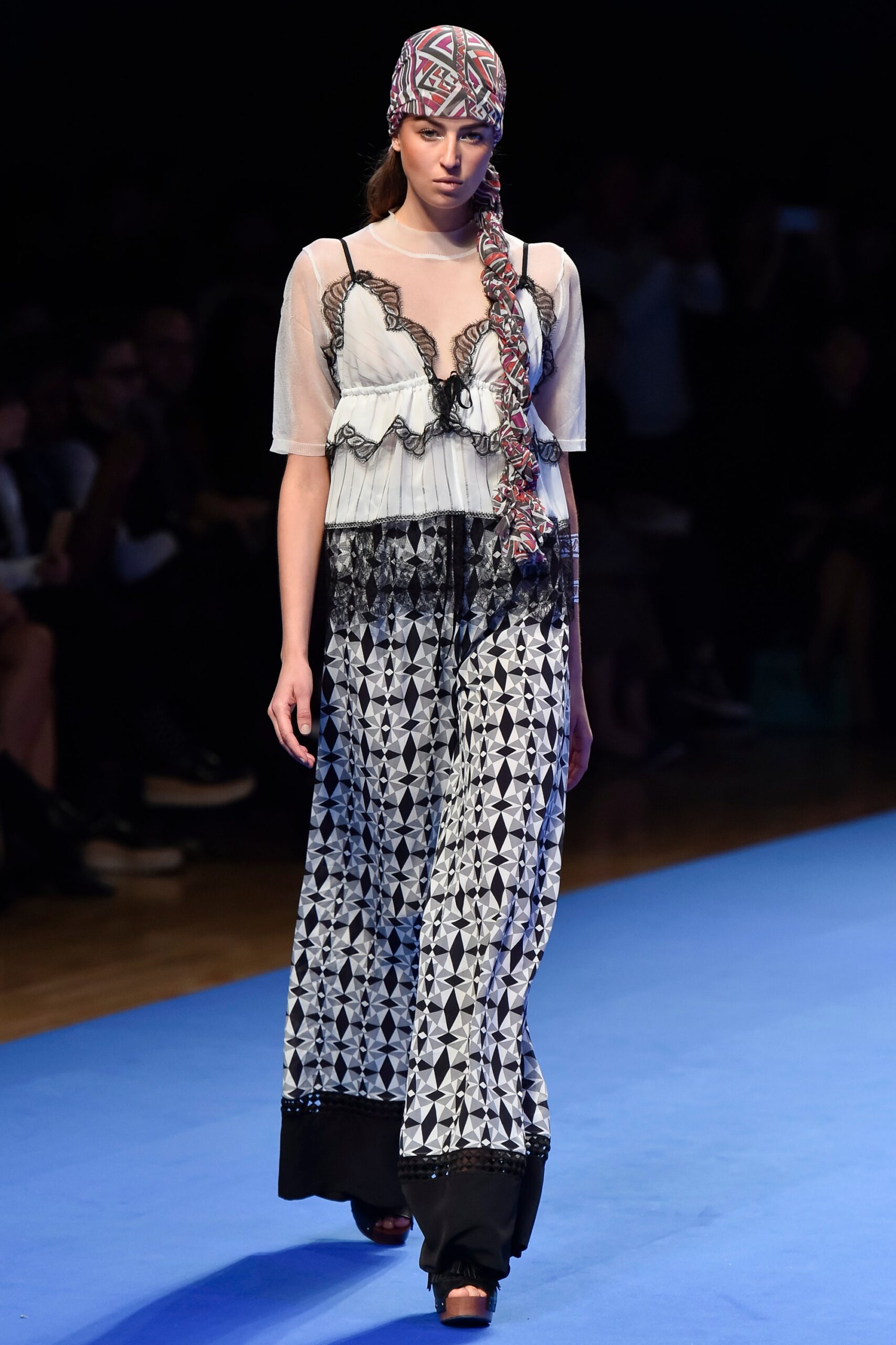 maxi dress with ruffles and printed scarf