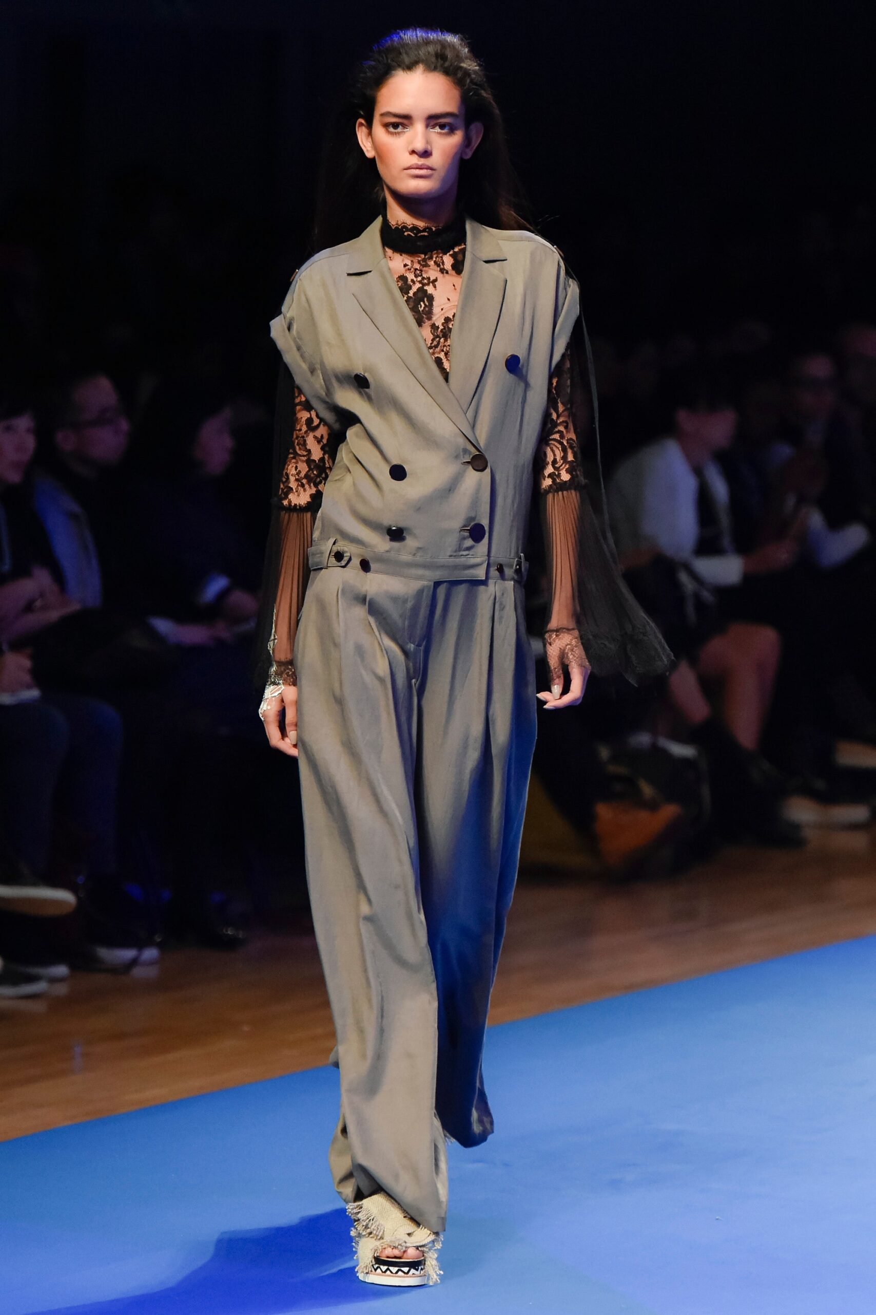 gray fitted jumpsuit with lace top