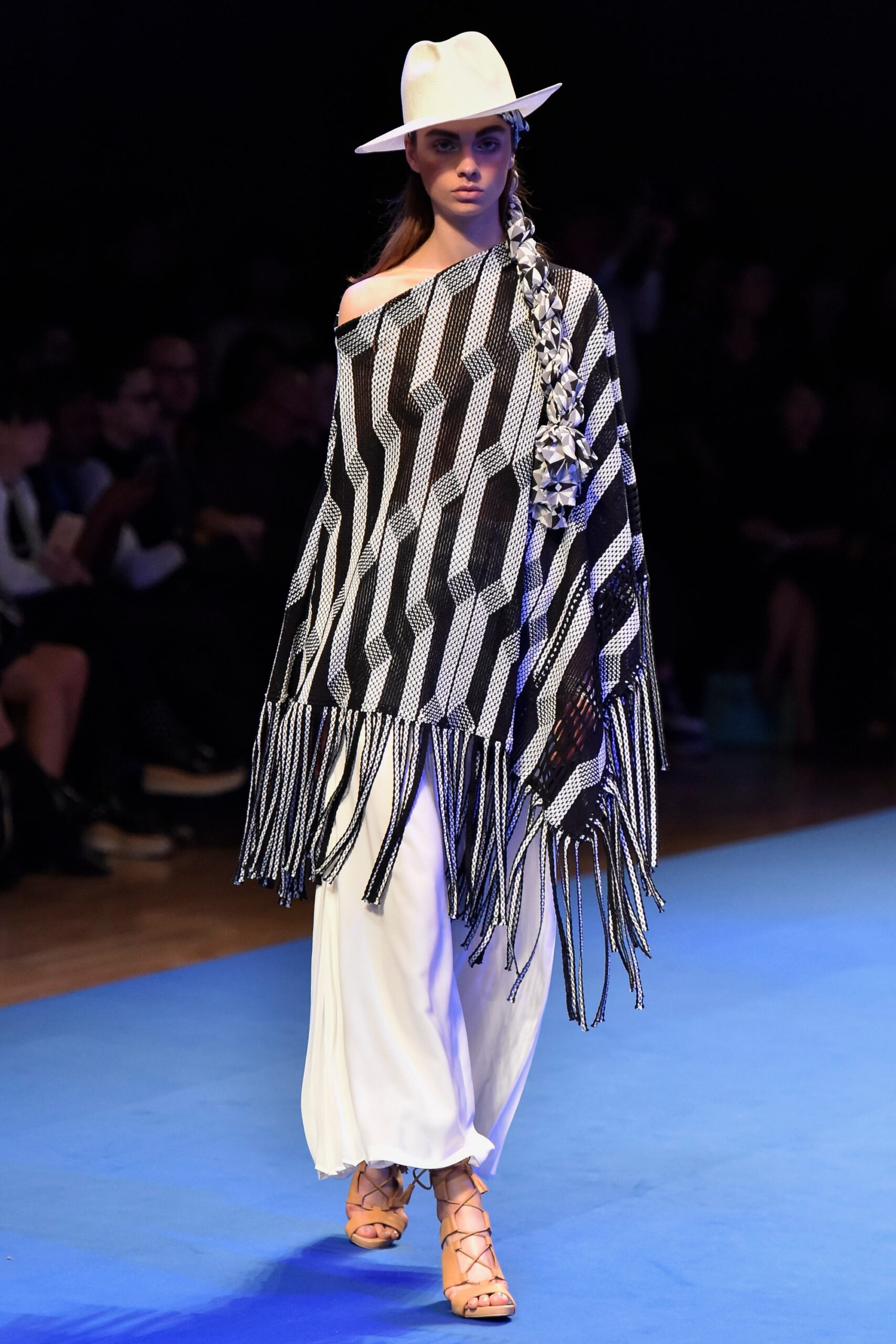 black and white poncho with maxi skirt