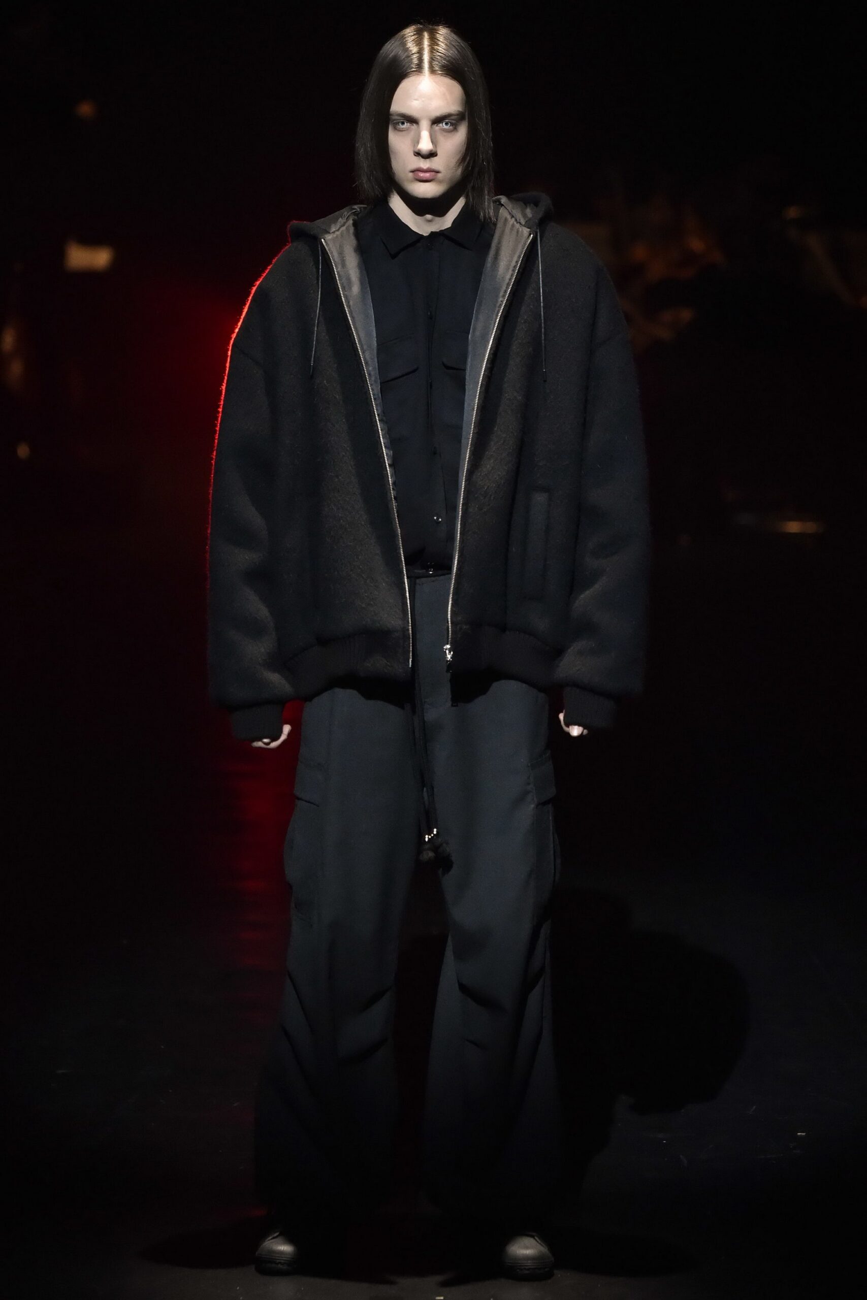 black oversized jacket and relaxed pants