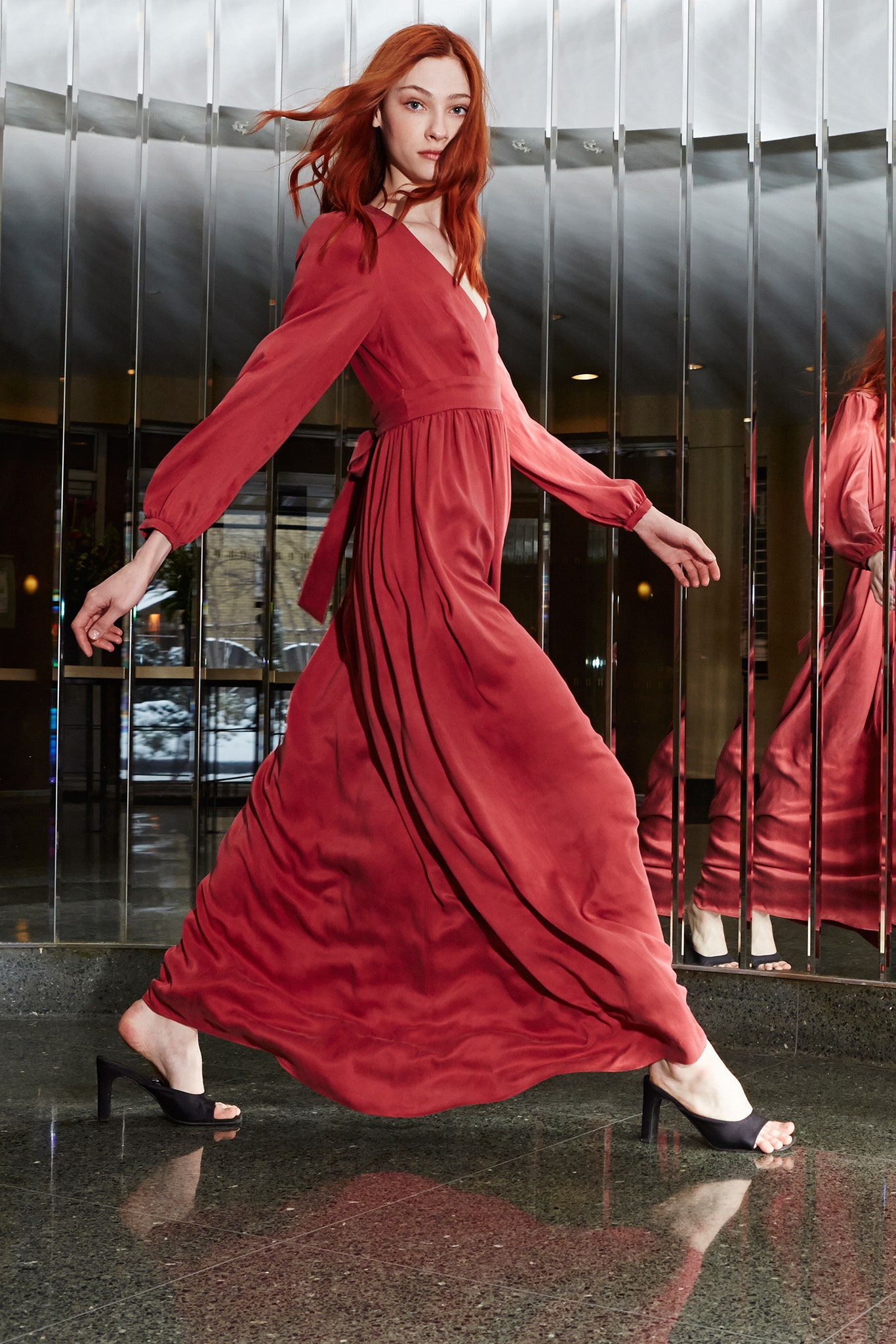red silk long-sleeve dress