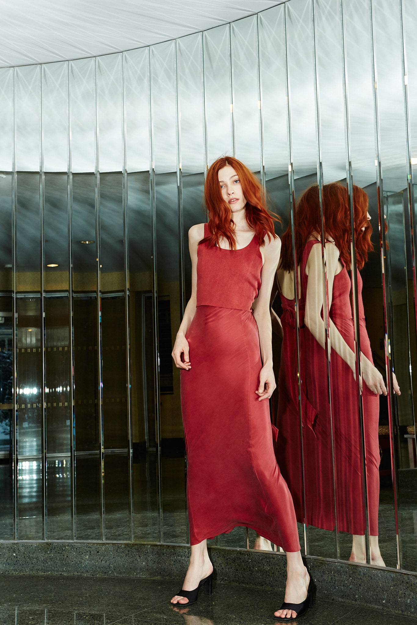 fitted red silk dress