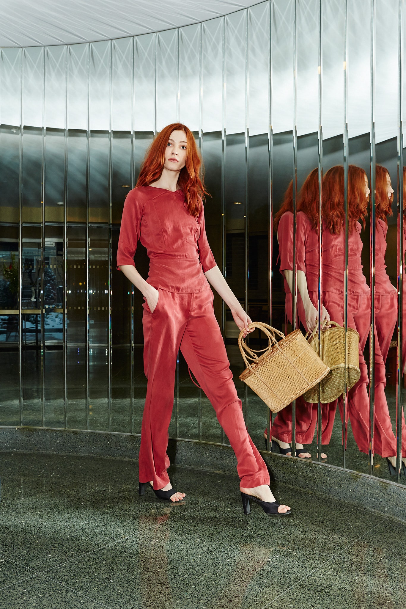 red silk fitted pants and top