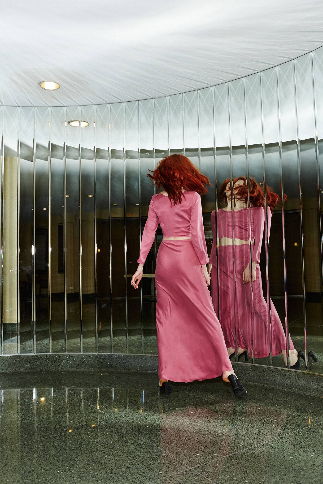 fitted pink silk maxi dress