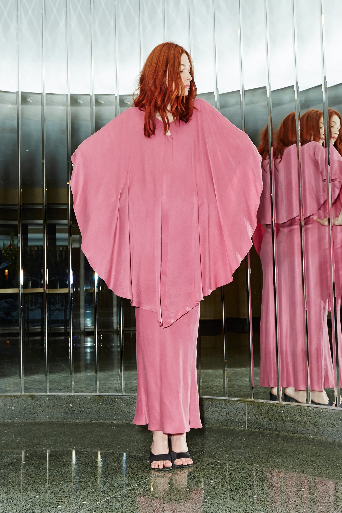 pink silk relaxed dress and cape