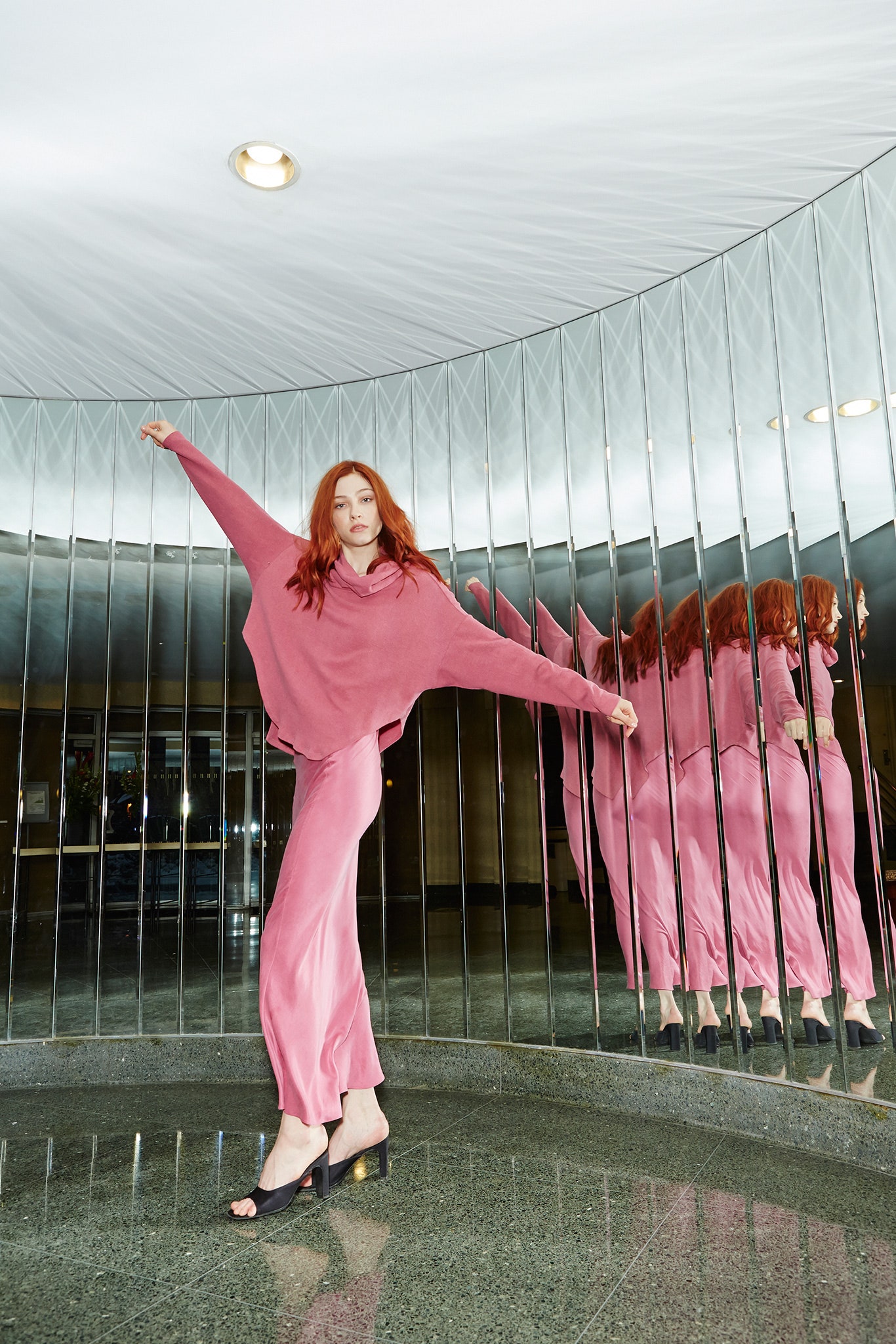 pink silk oversized top and fitted pants