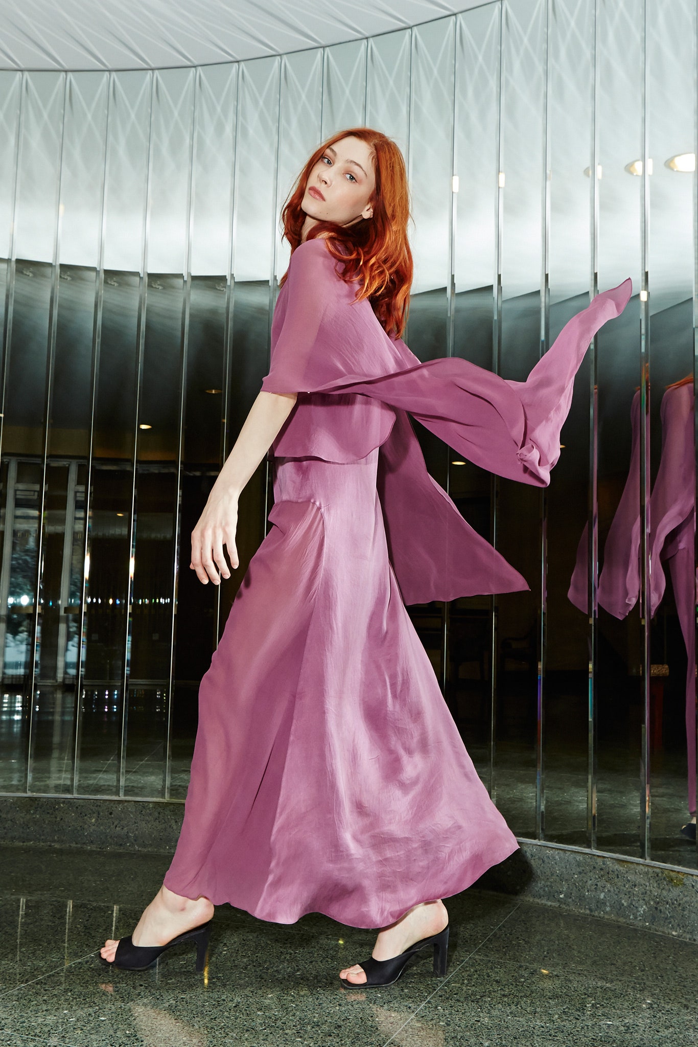 purple silk maxi dress with cape