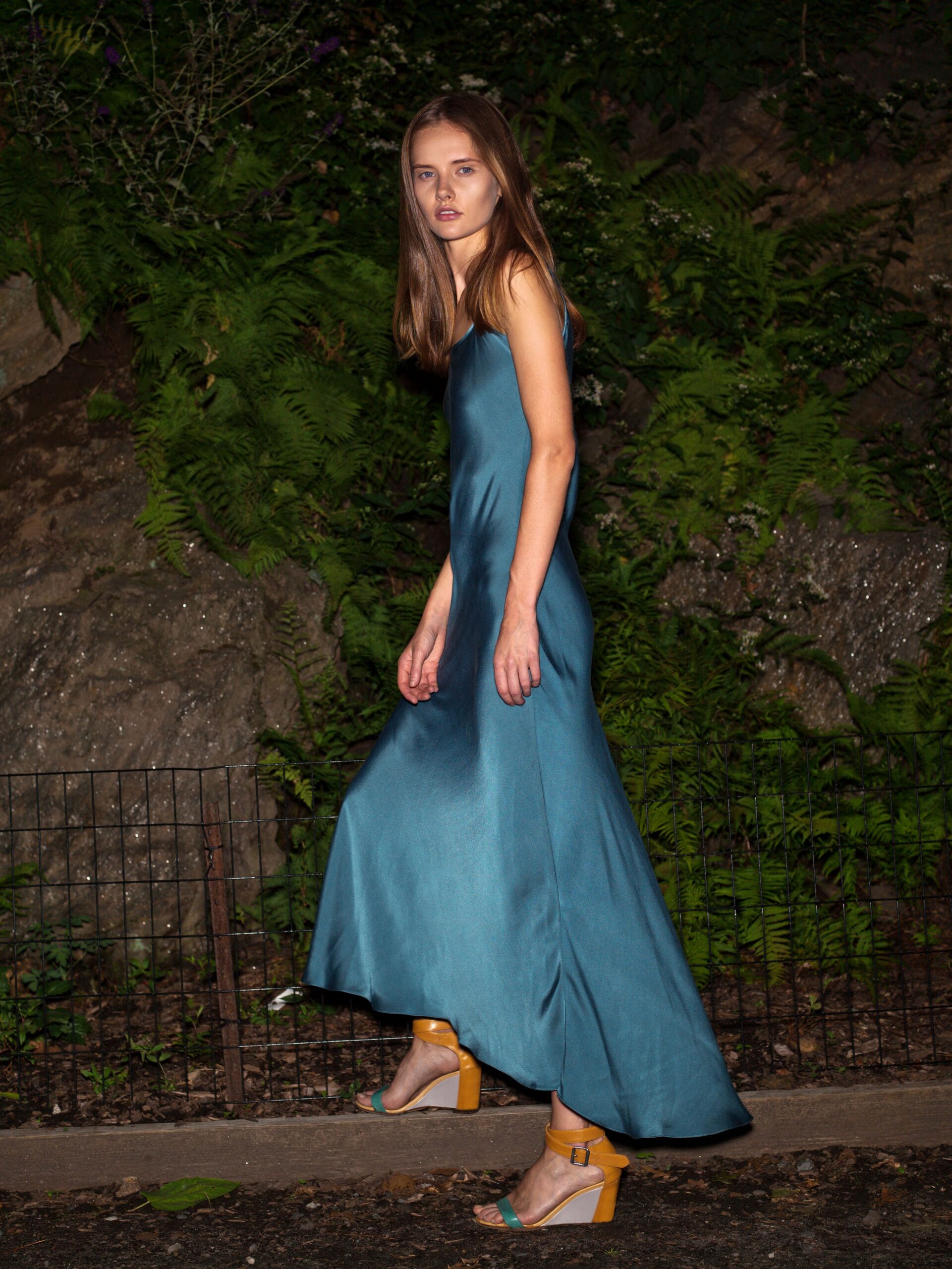 teal silk sleeveless gown