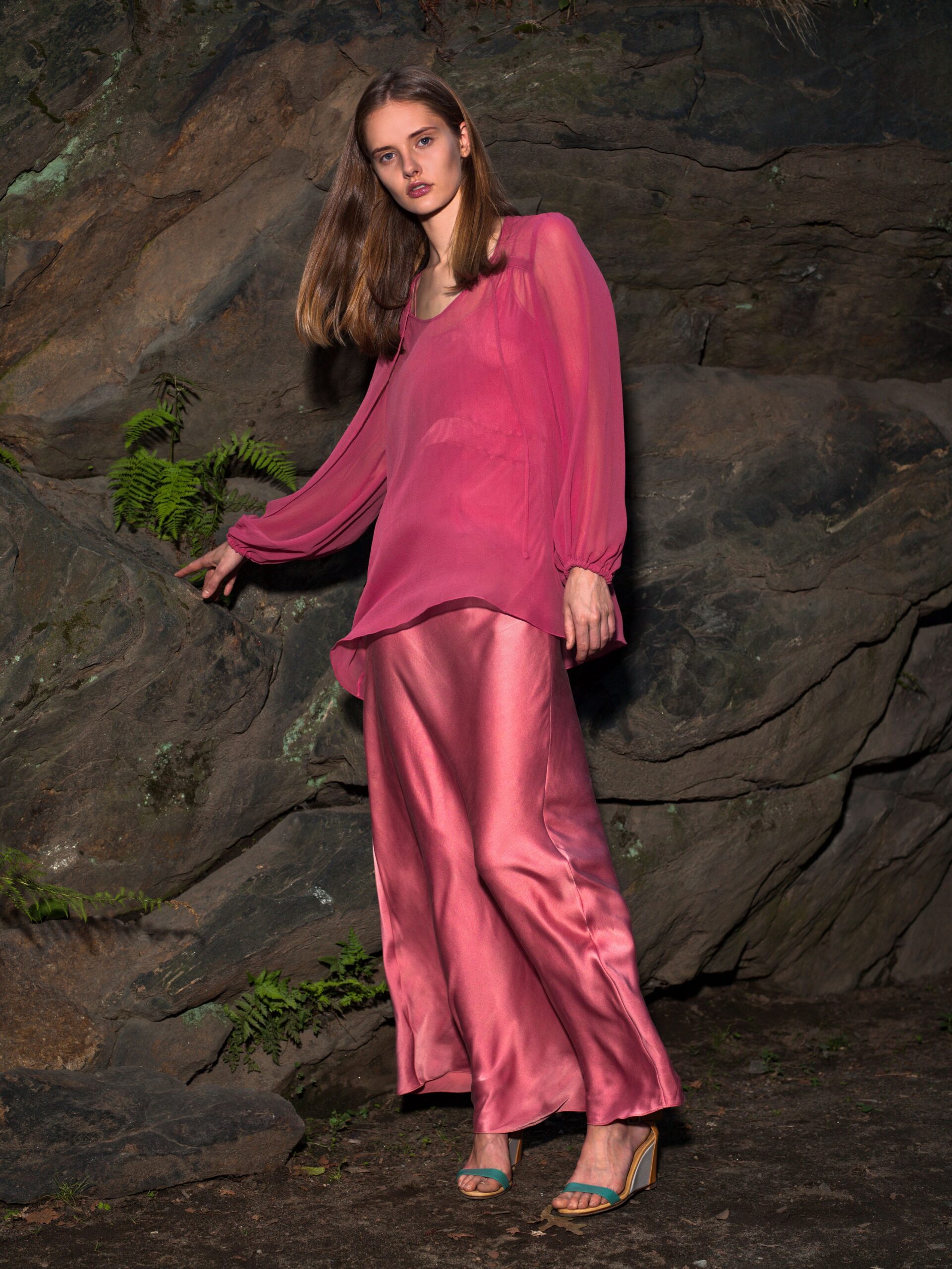 pink chiffon blouse and satin pants