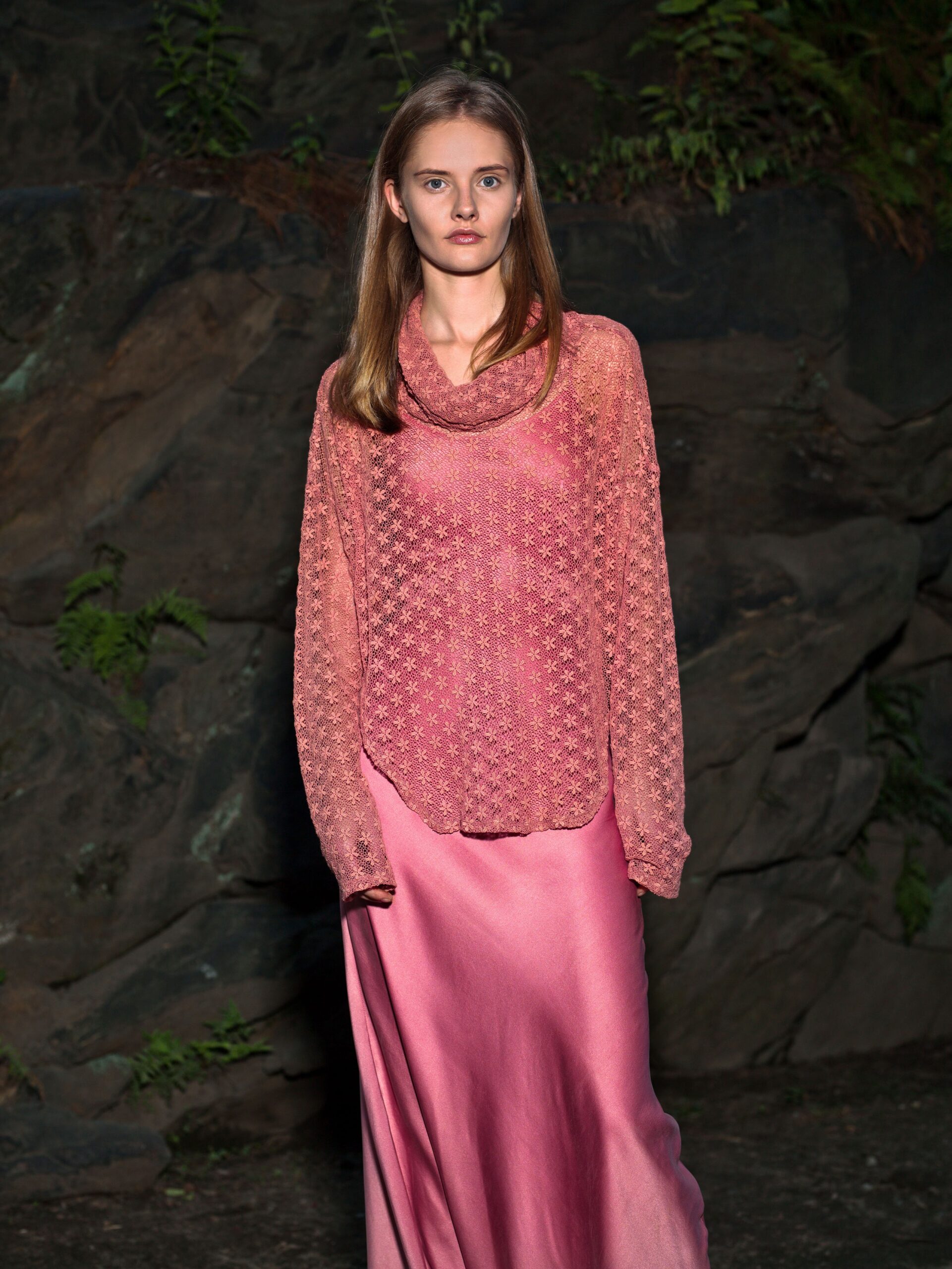 pink silk long-sleeve v-neck relaxed embroidered blouse