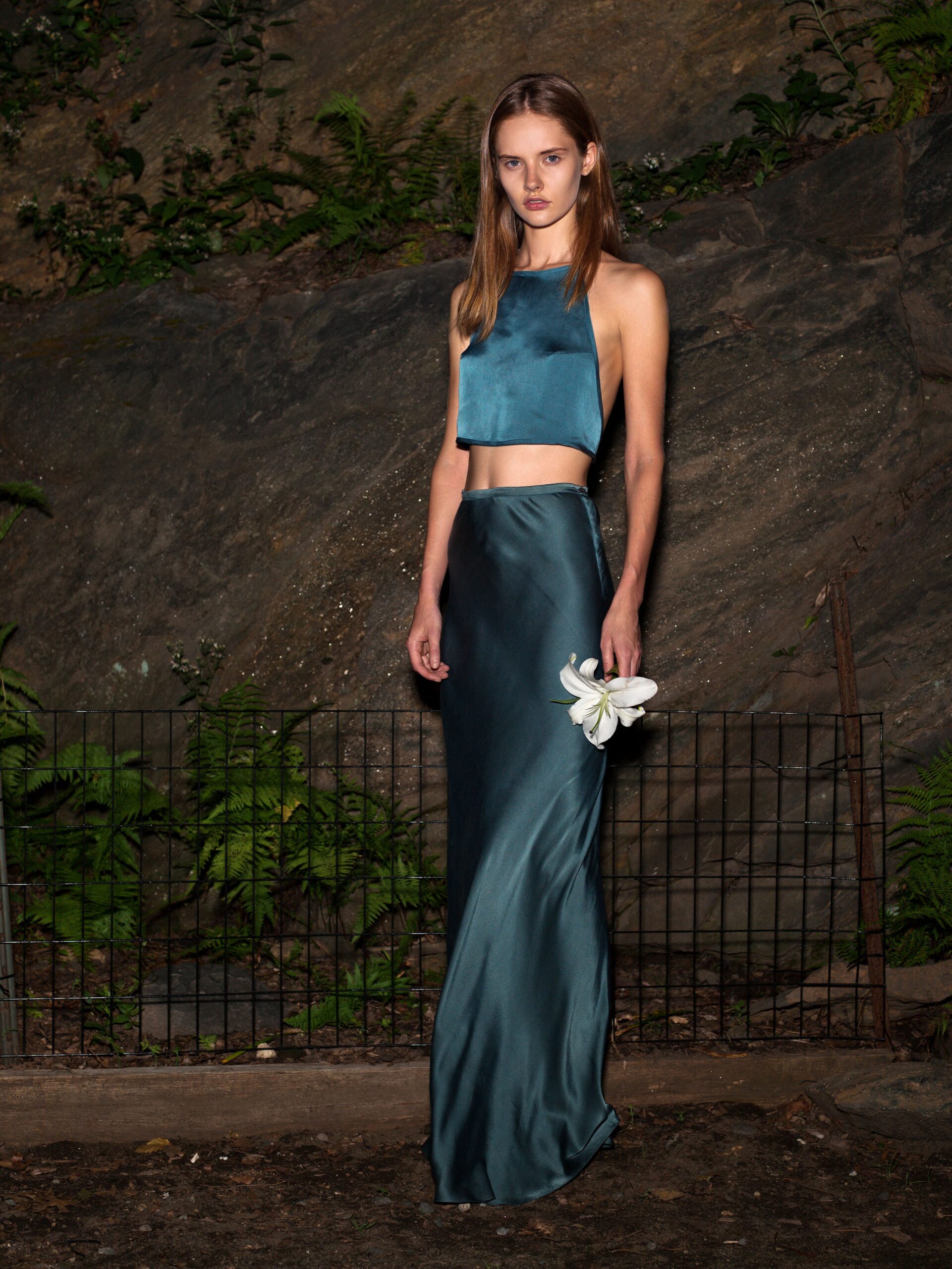 teal silk cropped top and maxi skirt
