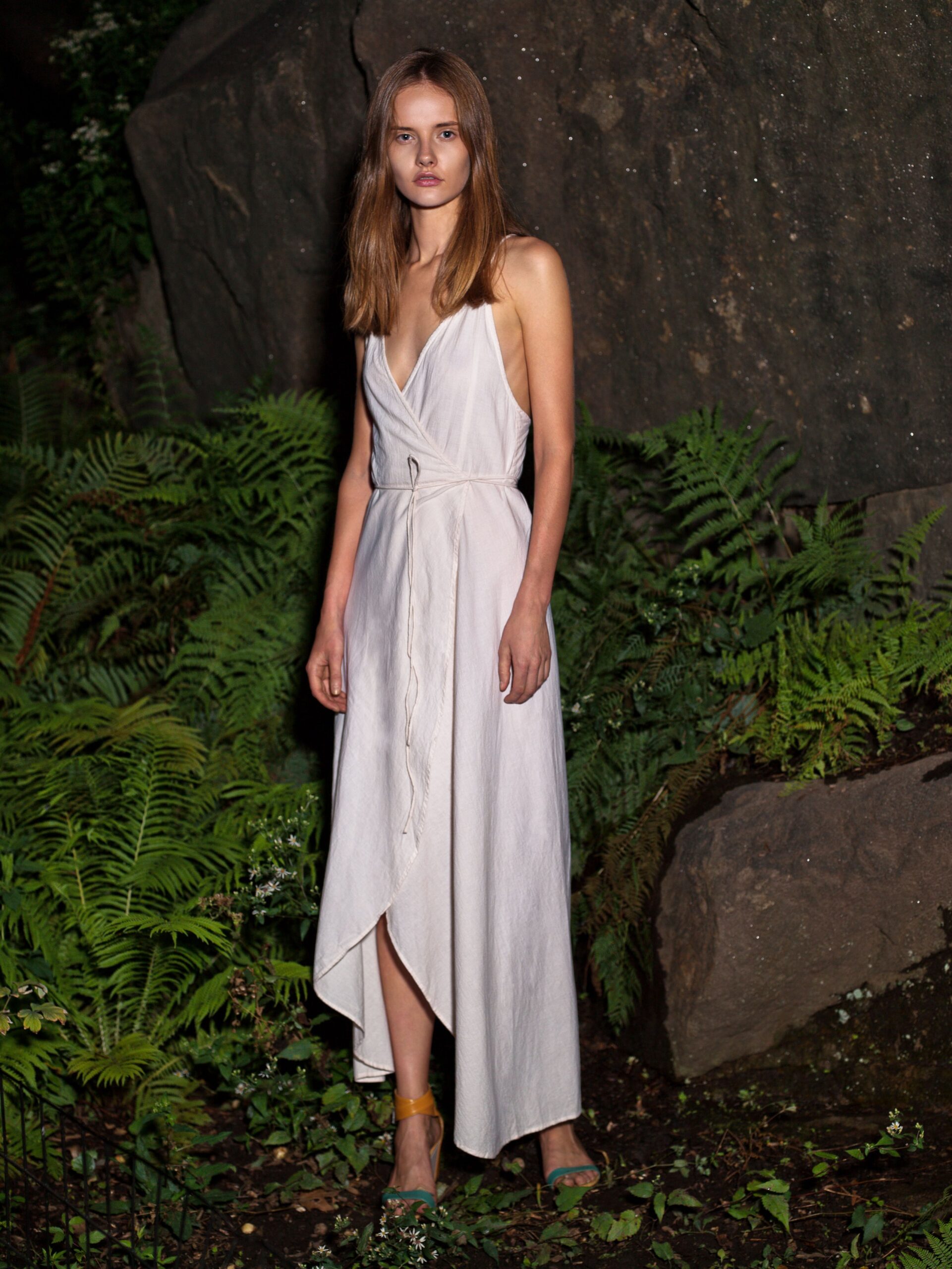 white silk sleeveless wrap dress