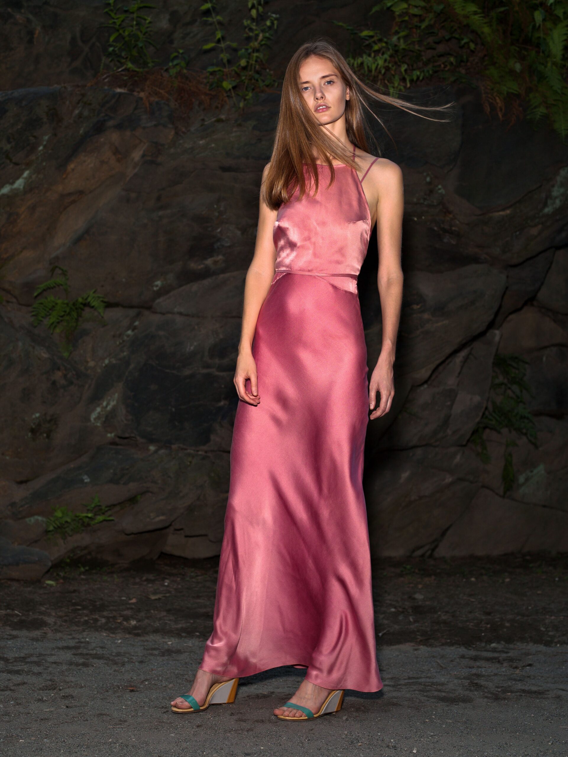 fitted pink silk maxi dress