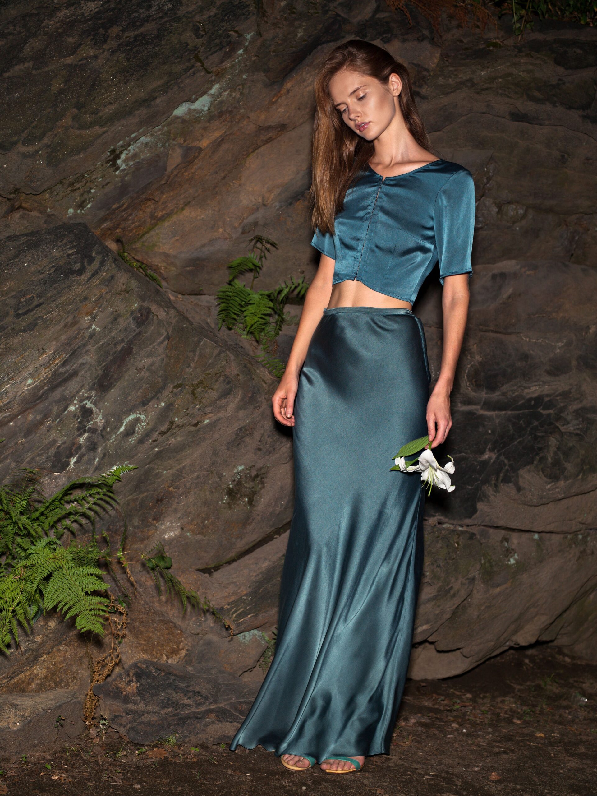 teal silk fitted straight-leg flowing maxi skirt