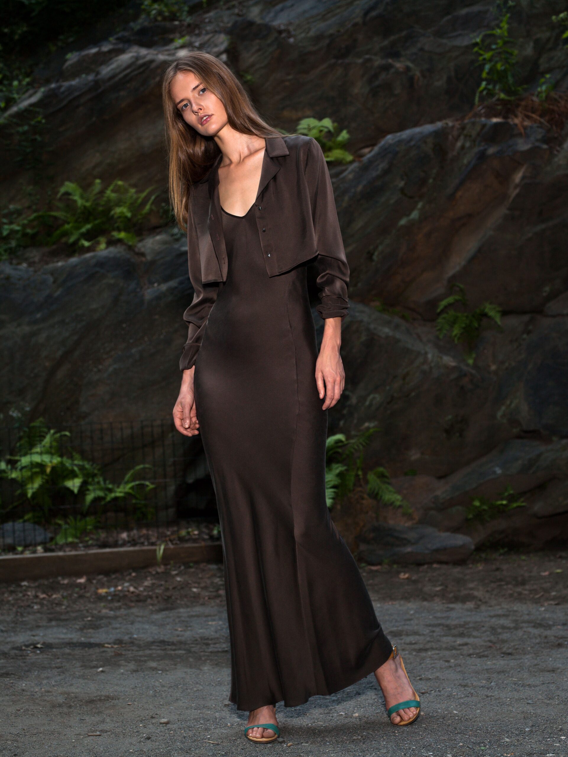 brown silk long-sleeve collared relaxed buttoned jacket