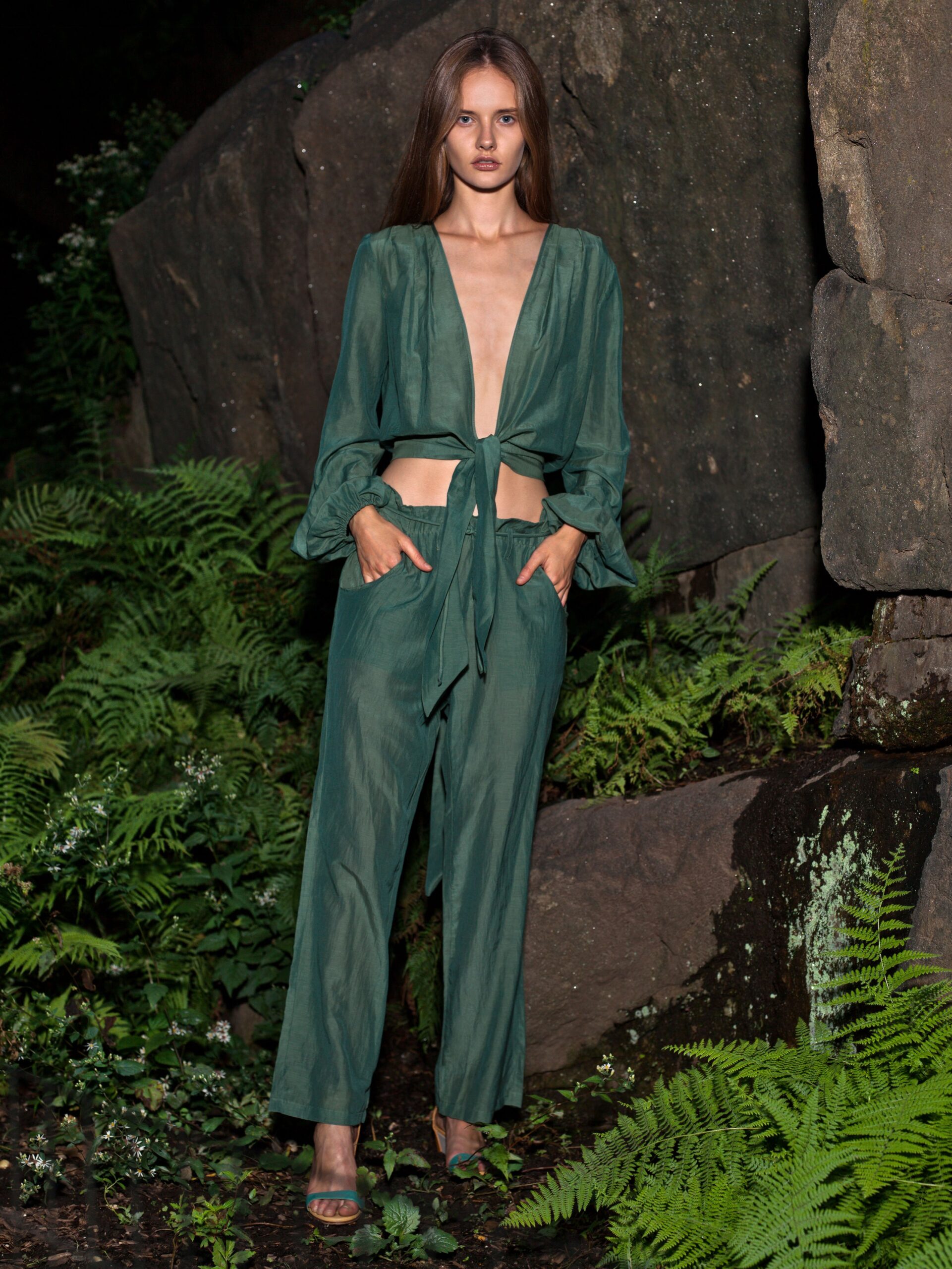 green silk top and pants