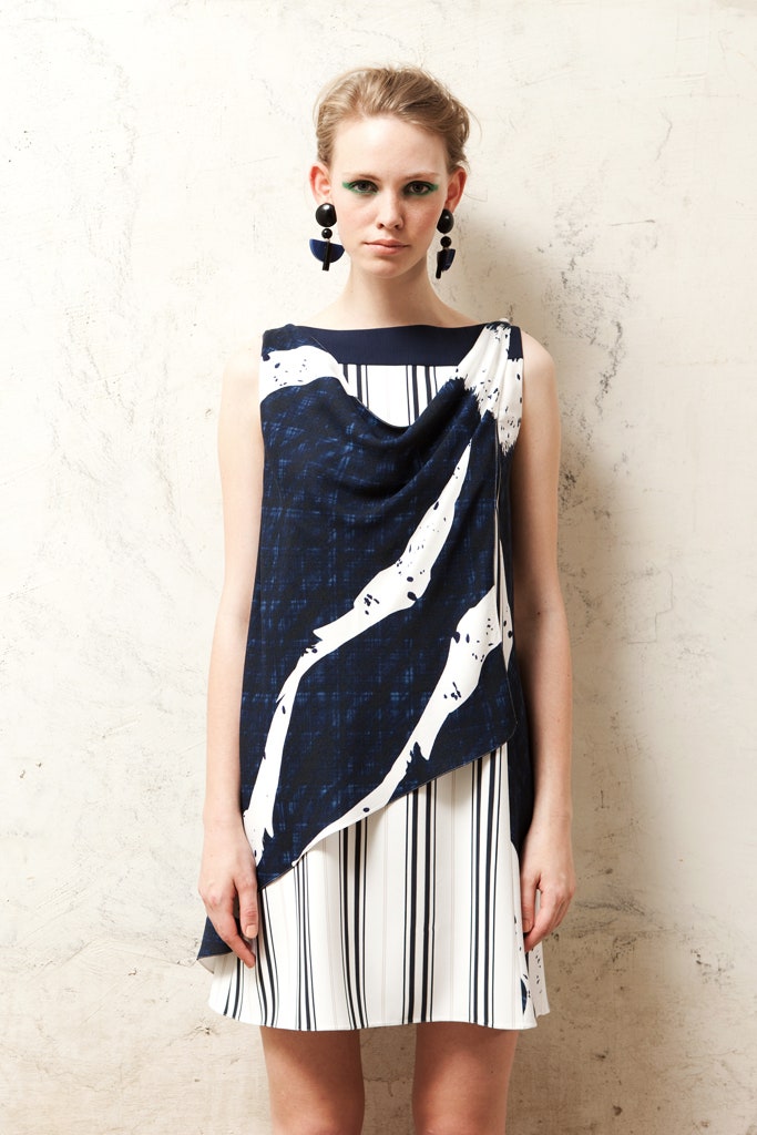 blue and white asymmetric dress