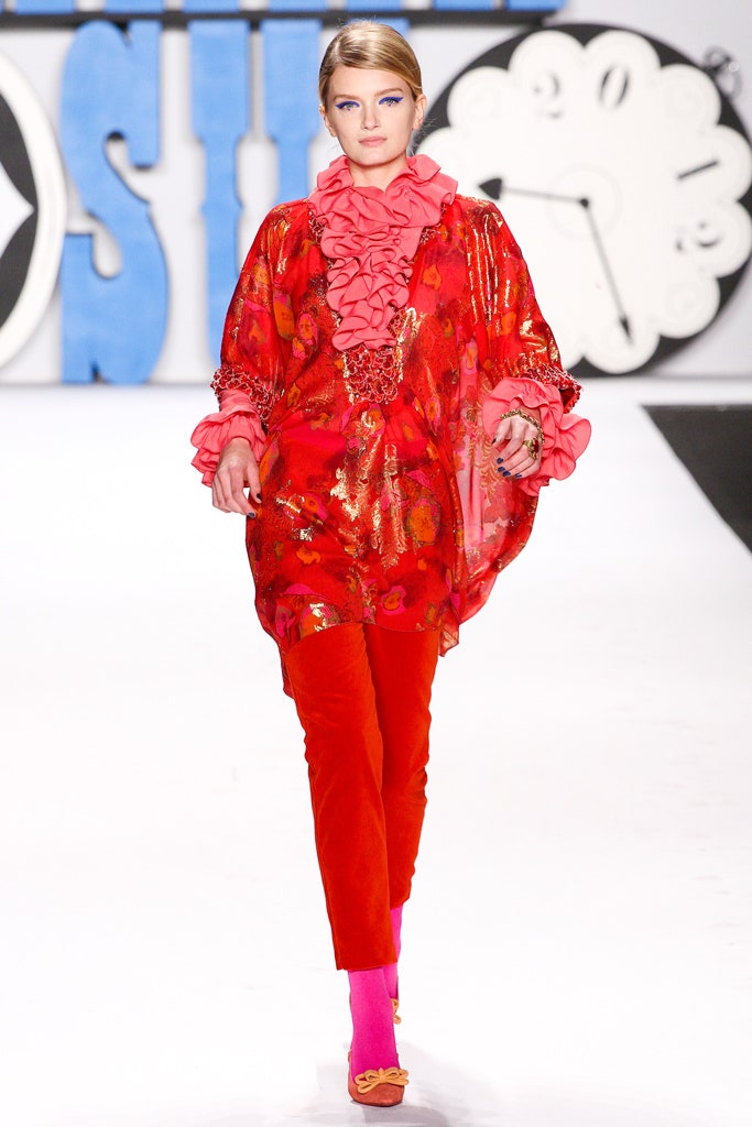 red silk ruffled top with velvet pants