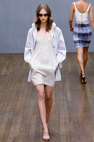 white striped mini dress with gray coat