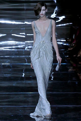 fitted silver silk gown