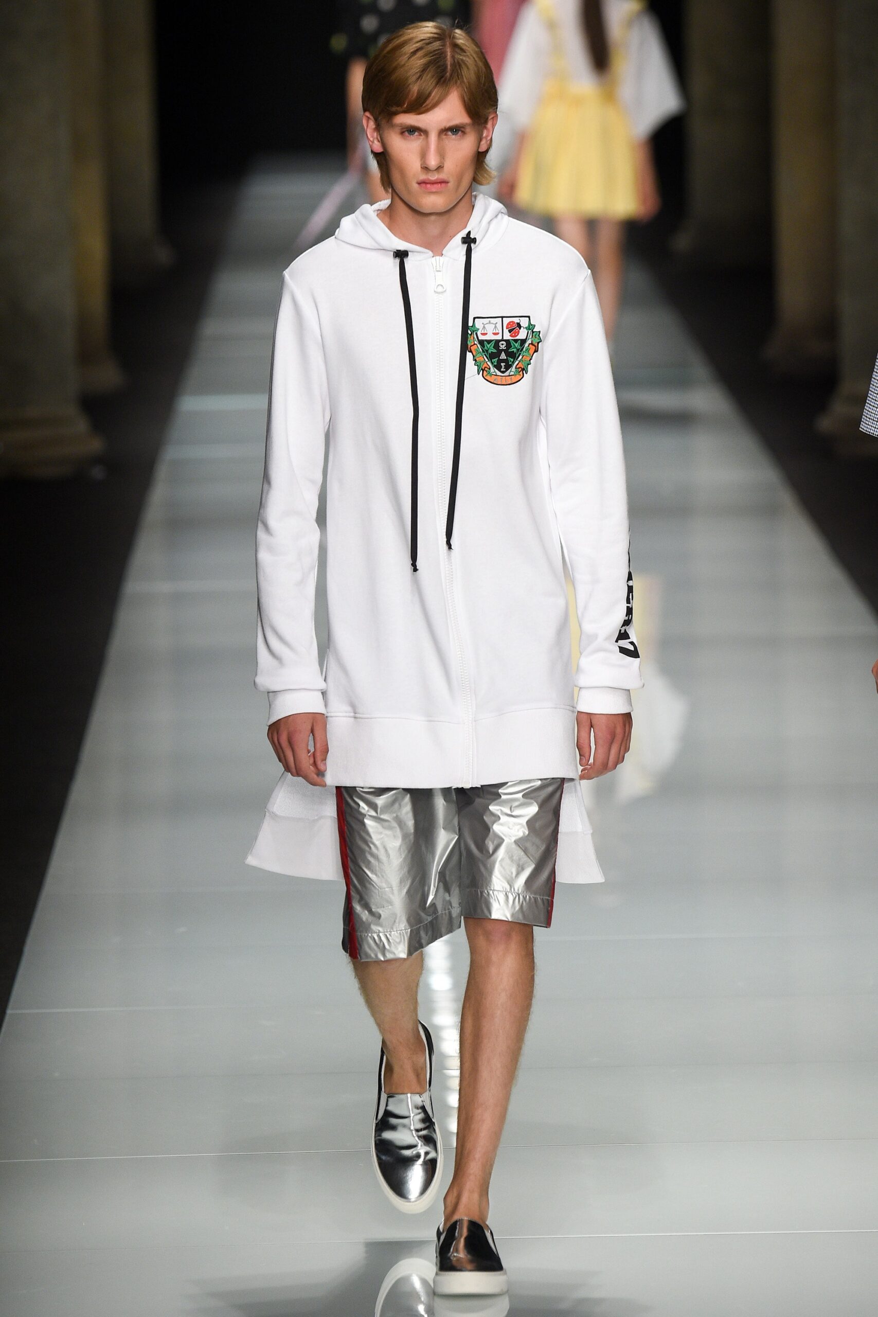 white relaxed hoodie with silver shorts