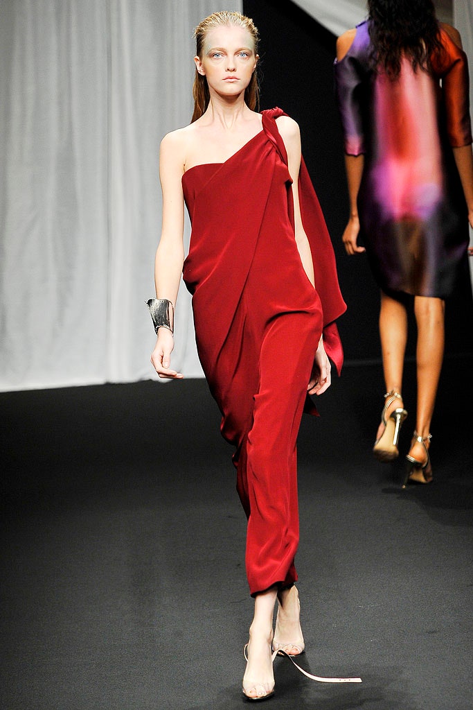 red silk fitted asymmetric dress
