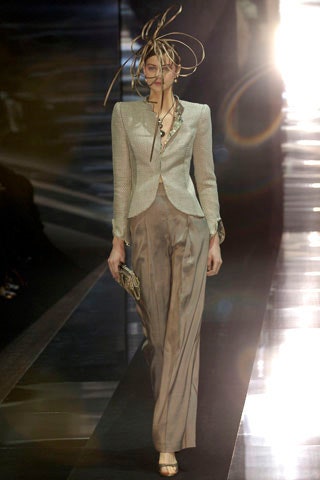 gray silk tailored blazer with beige pants