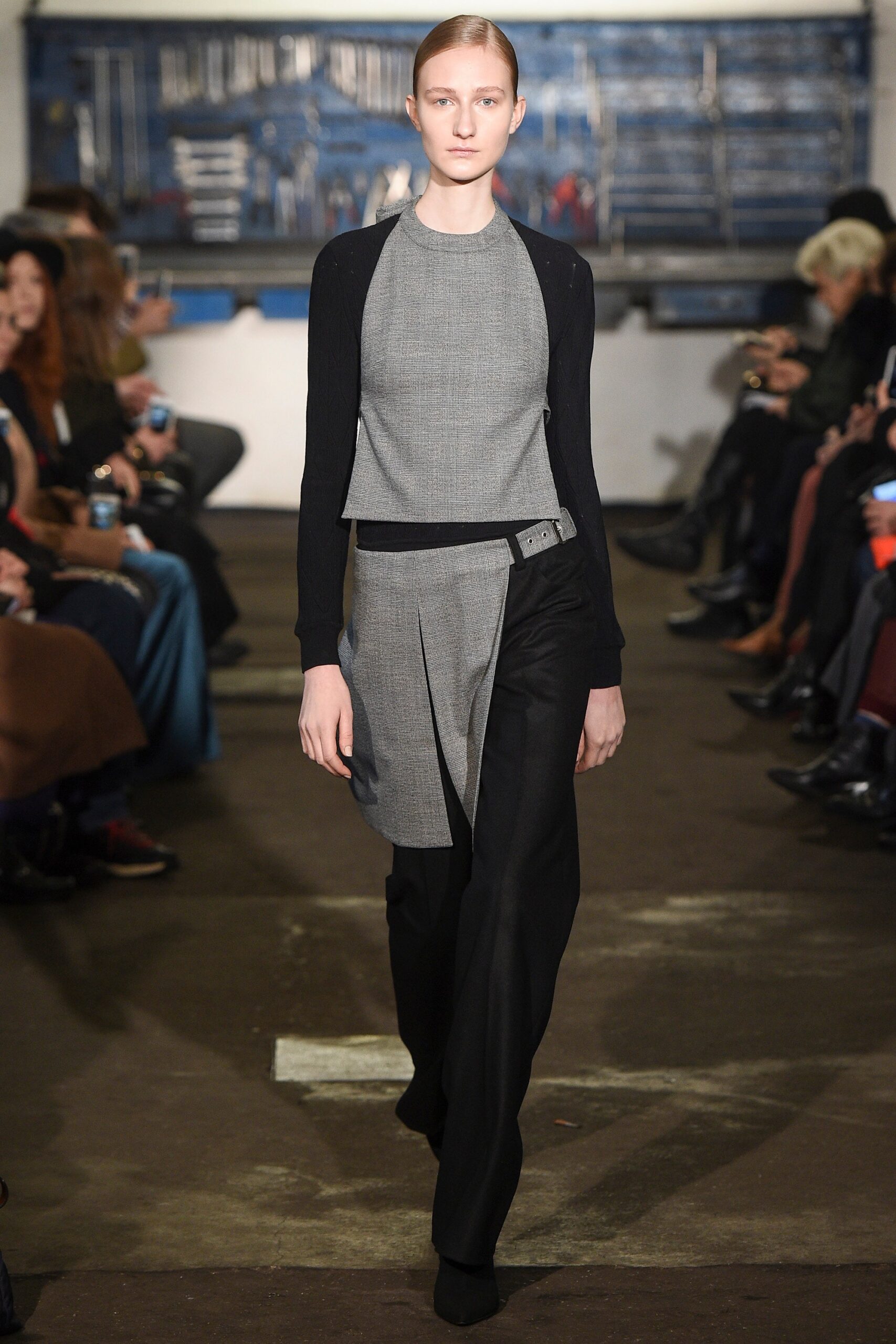 gray fitted top with black pants
